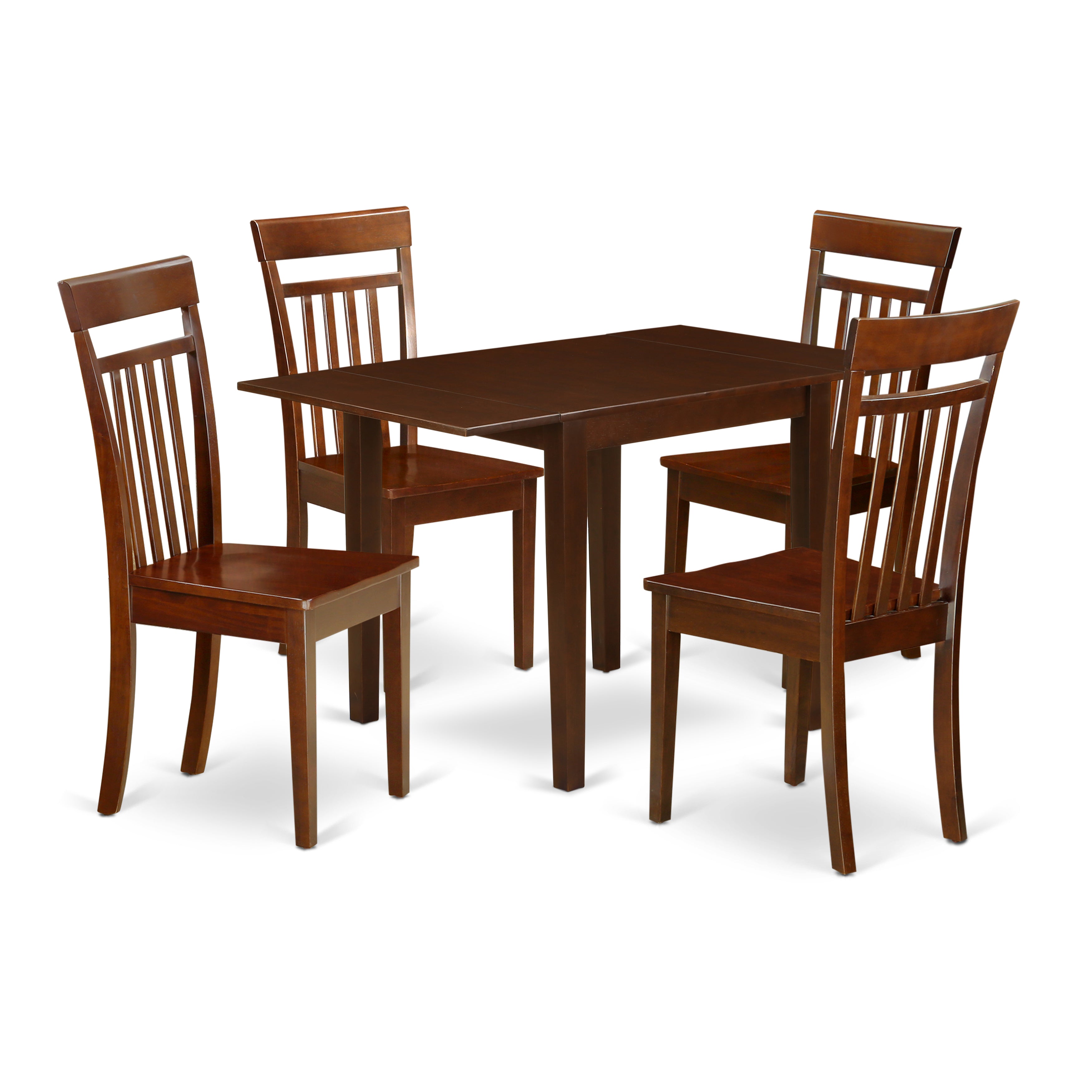 Juego de mesa y sillas de cocina de 5 piezas NDCA5-MAH-W de East West Furniture. Incluye una mesa de comedor rectangular con alas abatibles y 4 sillas de comedor.