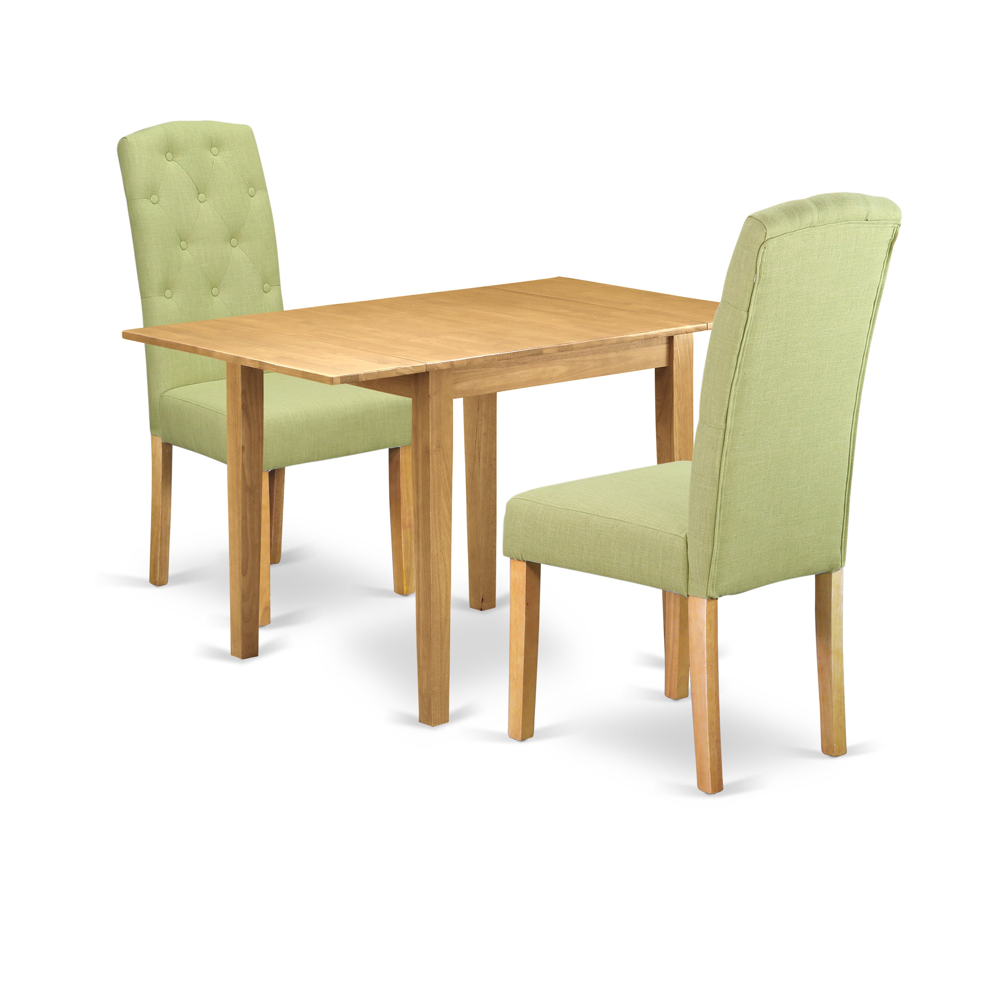 Juego de mesa de comedor de 3 piezas NDCE3-OAK-07 de East West Furniture. Incluye una mesa de cocina rectangular con alas abatibles y dos sillas tapizadas en tela de lino Limelight.