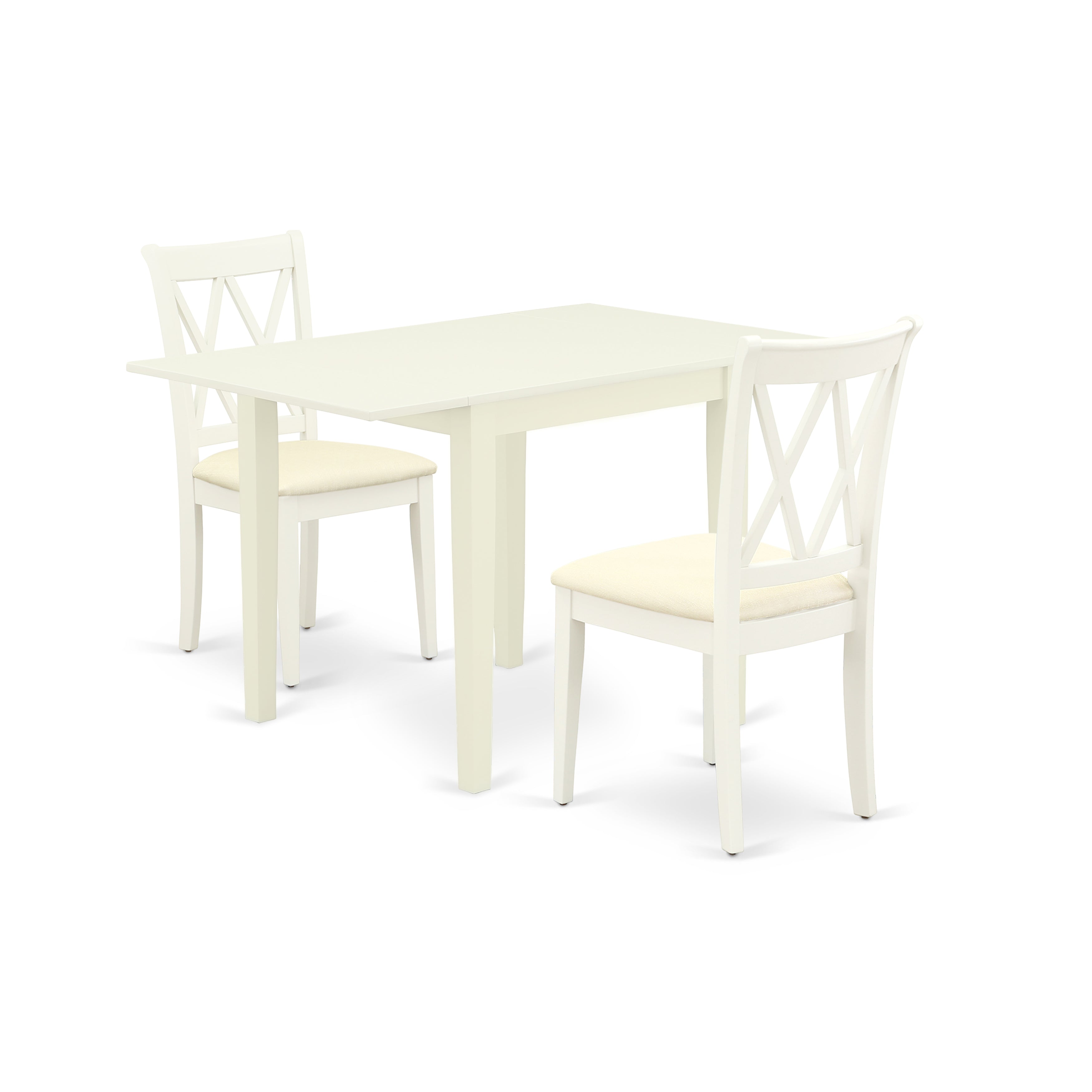 Juego de mesa de comedor de 3 piezas NDCL3-LWH-C de East West Furniture. Incluye una mesa de cocina rectangular con alas abatibles y dos sillas de comedor tapizadas en tela de lino.