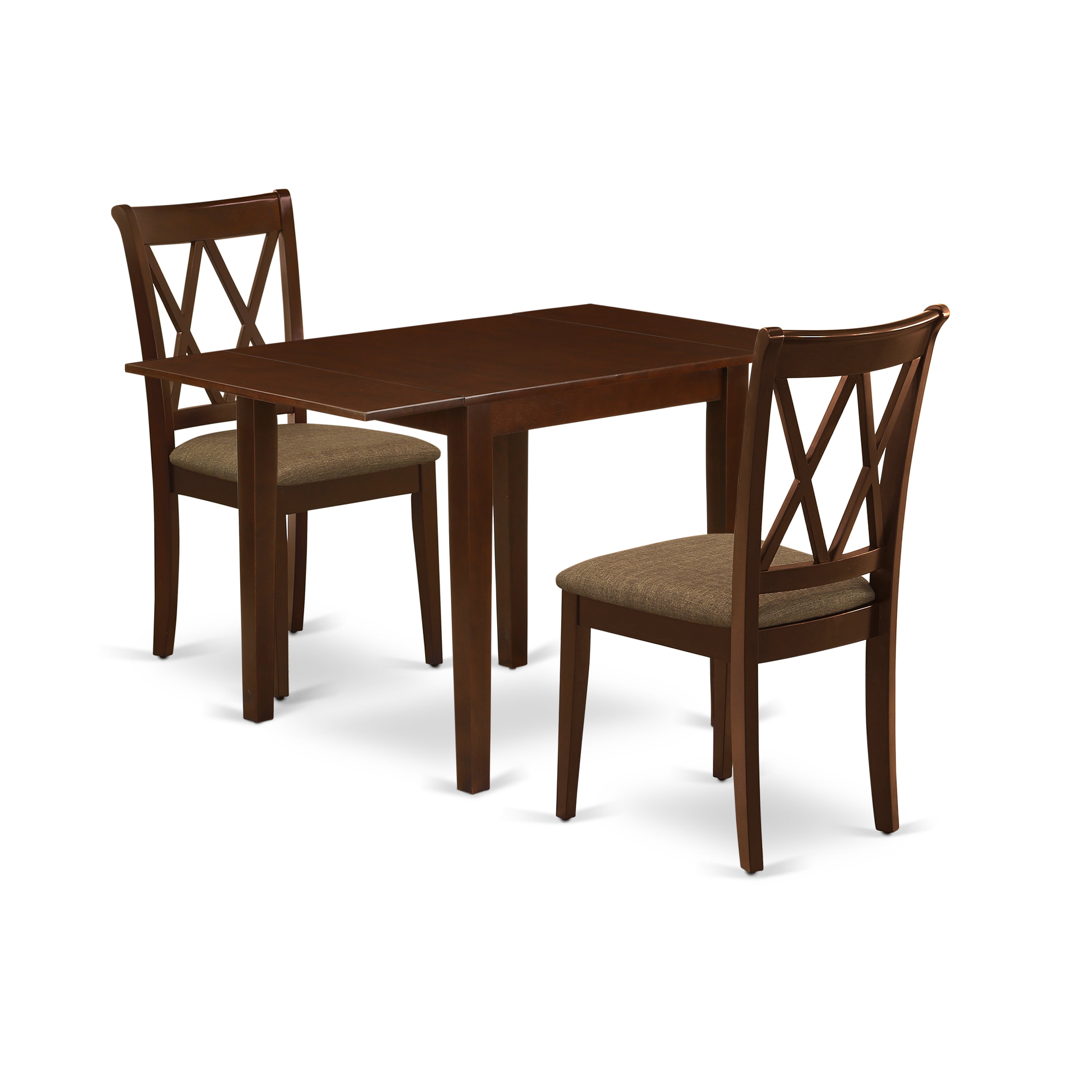Juego de mesa y sillas de cocina de 3 piezas NDCL3-MAH-C de East West Furniture. Incluye una mesa de comedor rectangular con alas abatibles y dos sillas de comedor de tela de lino.