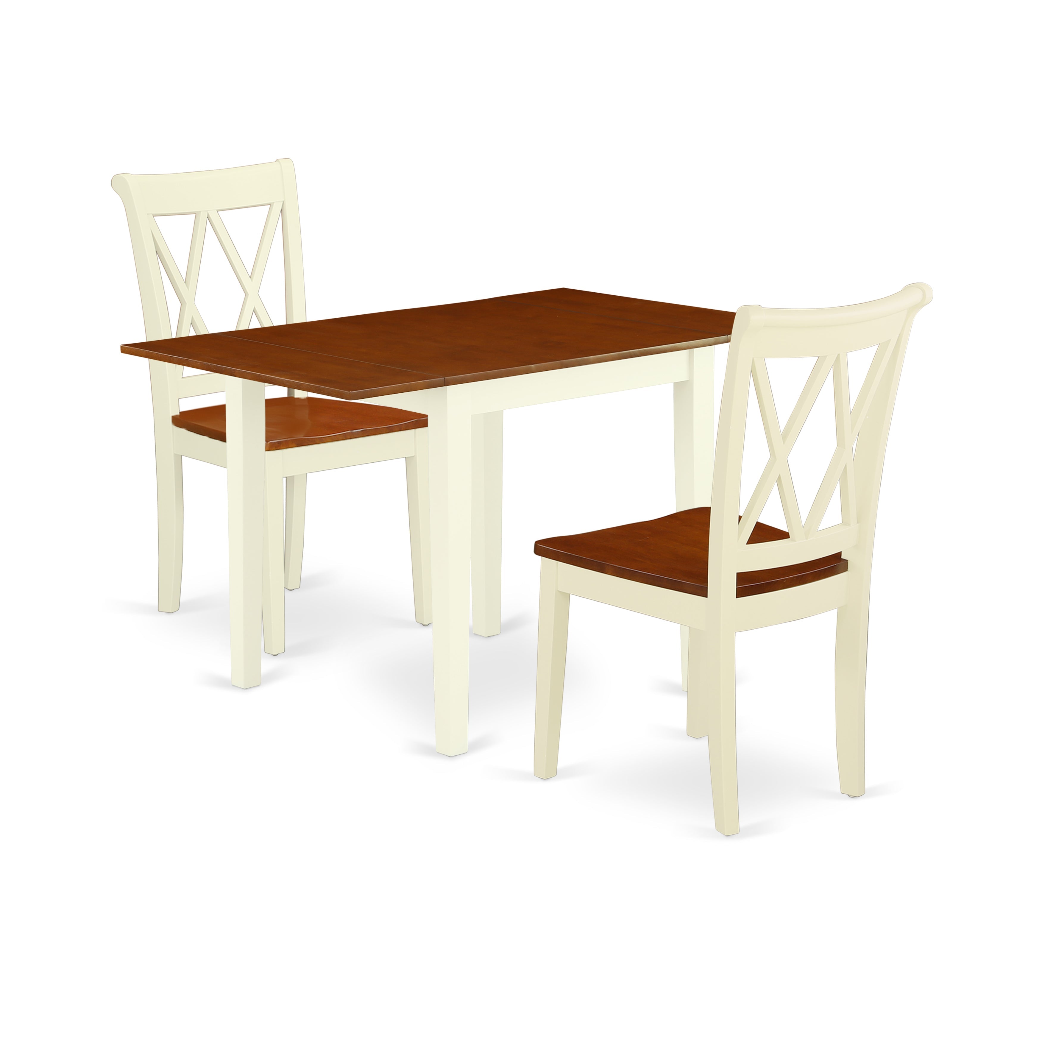 Juego de mesa de cocina de 3 piezas East West Furniture NDCL3-WHI-W para espacios pequeños. Incluye una mesa de comedor rectangular con alas abatibles y dos sillas de comedor.
