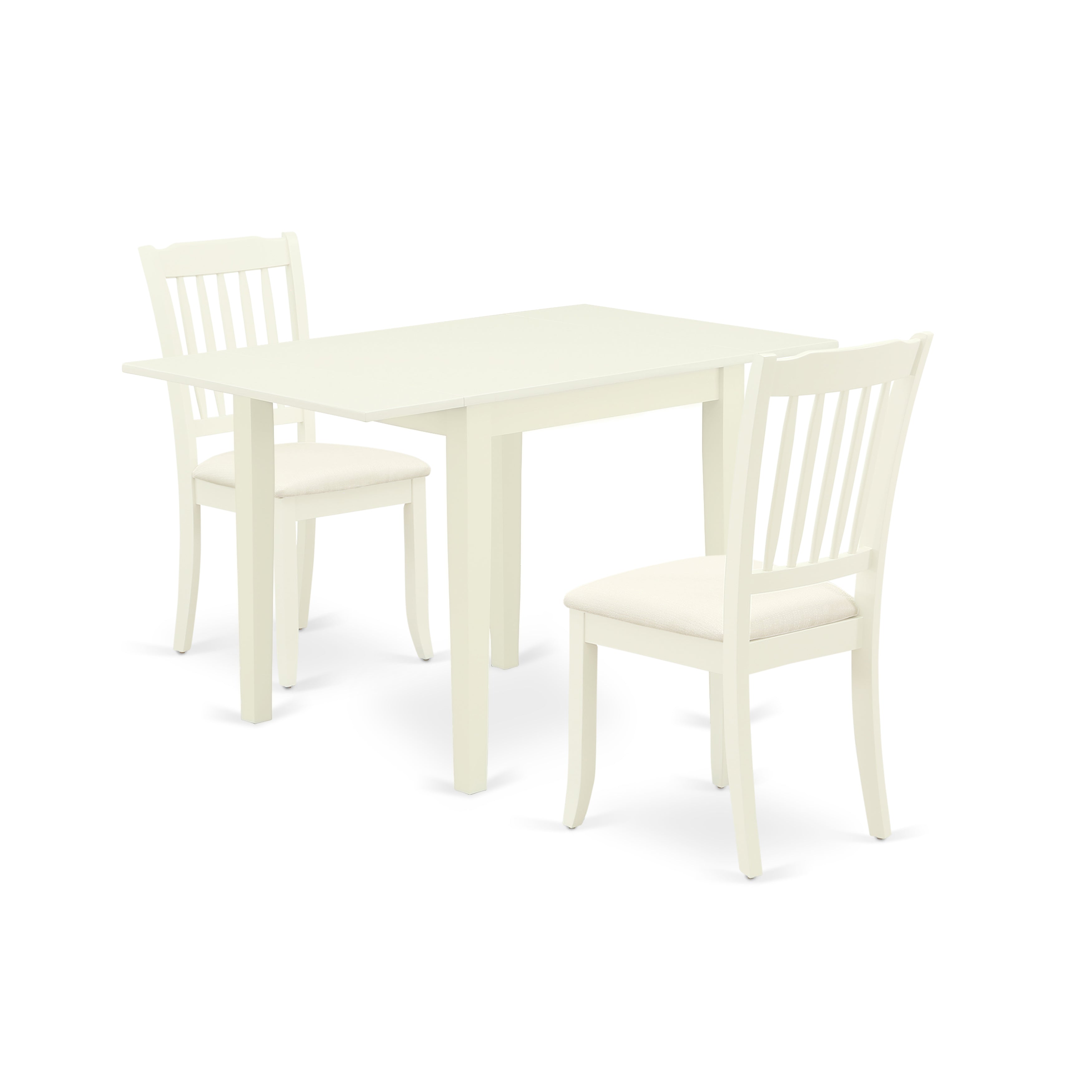Juego de comedor de 3 piezas East West Furniture NDDA3-LWH-C para espacios pequeños. Incluye una mesa de comedor rectangular con alas abatibles y dos sillas de comedor tapizadas en tela de lino.
