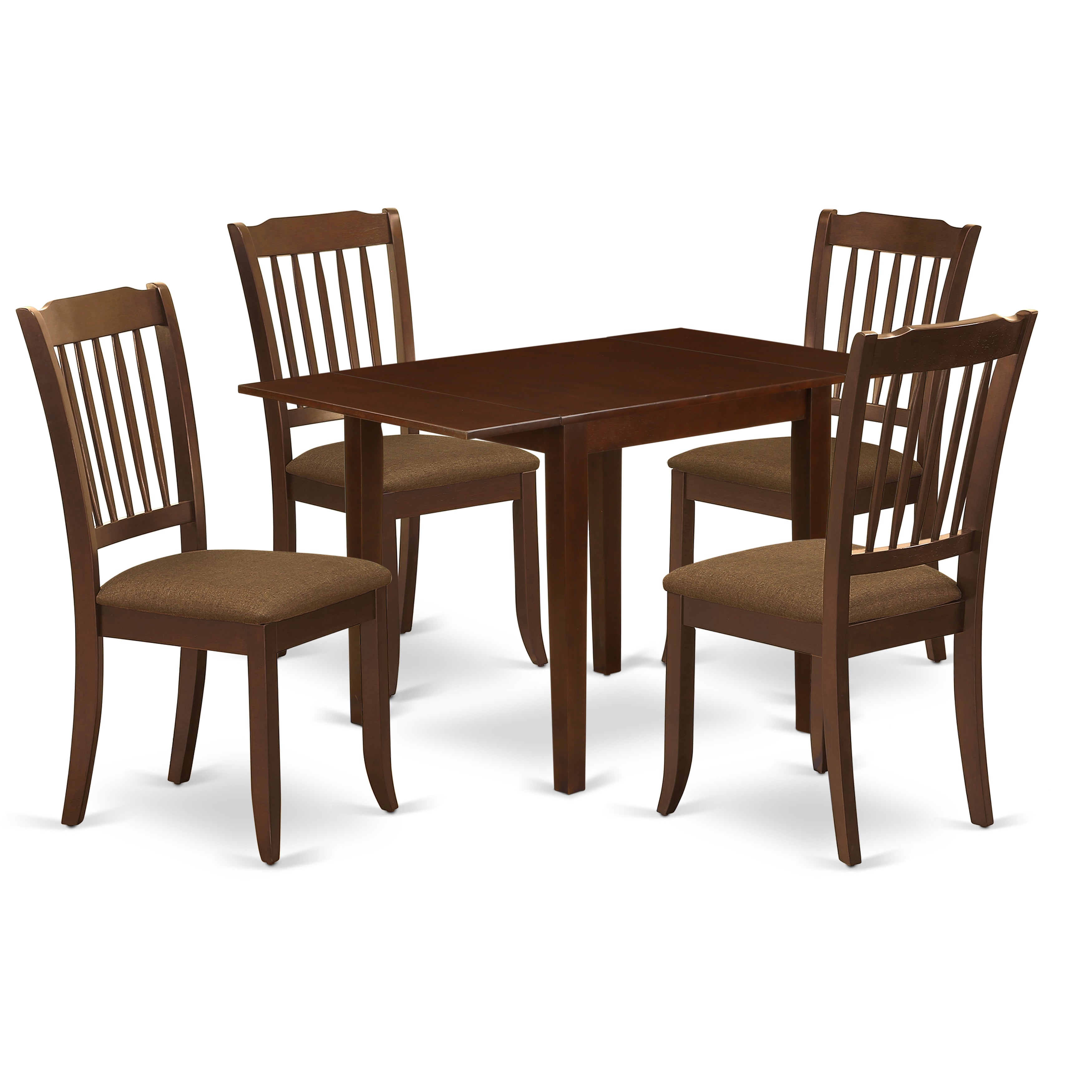 El juego de mesa de comedor de 5 piezas NDDA5-MAH-C de East West Furniture incluye una mesa de cocina rectangular con alas abatibles y 4 sillas de comedor tapizadas en tela de lino.