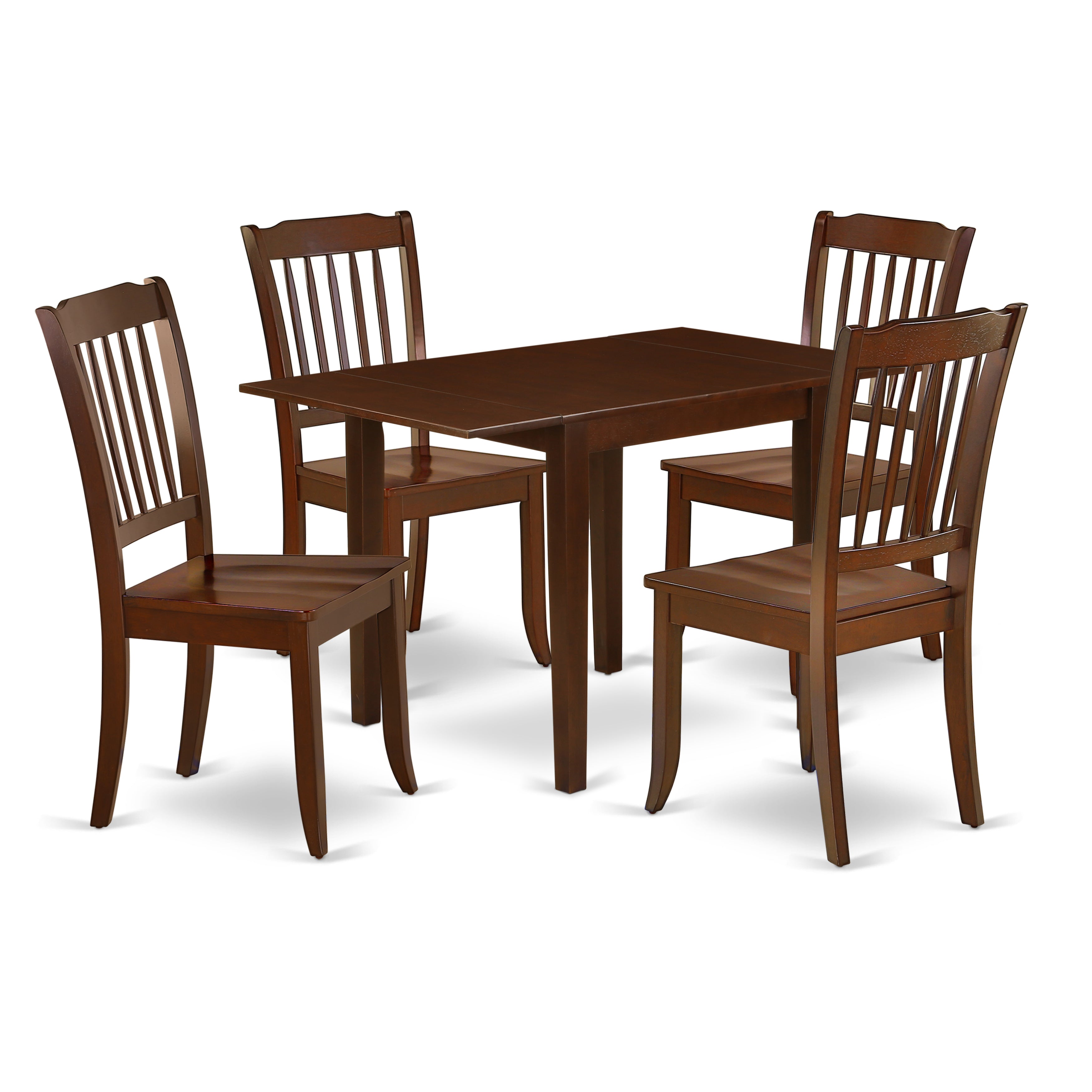 Juego de comedor de 5 piezas East West Furniture NDDA5-MAH-W. Incluye una mesa de comedor rectangular con alas abatibles y 4 sillas de cocina.