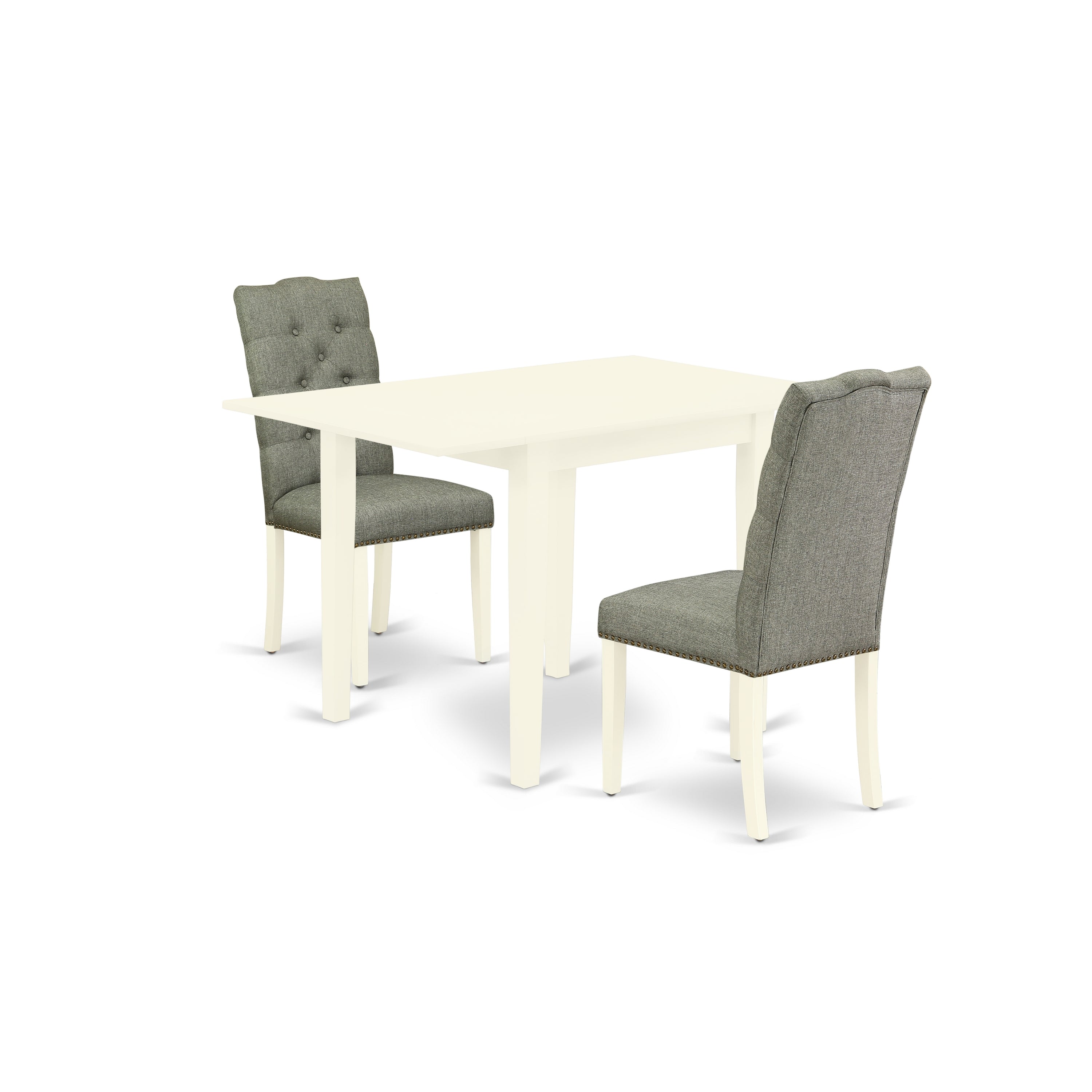East West Furniture NDEL3-LWH-07 3-Pc Rectangular Dinette Set Included a Drop Leaves Dining Table & 2 Dining Room Chairs, Smoke Linen Fabric Kitchen Chairs Seat with Rubber Wood Legs, Linen White Finish