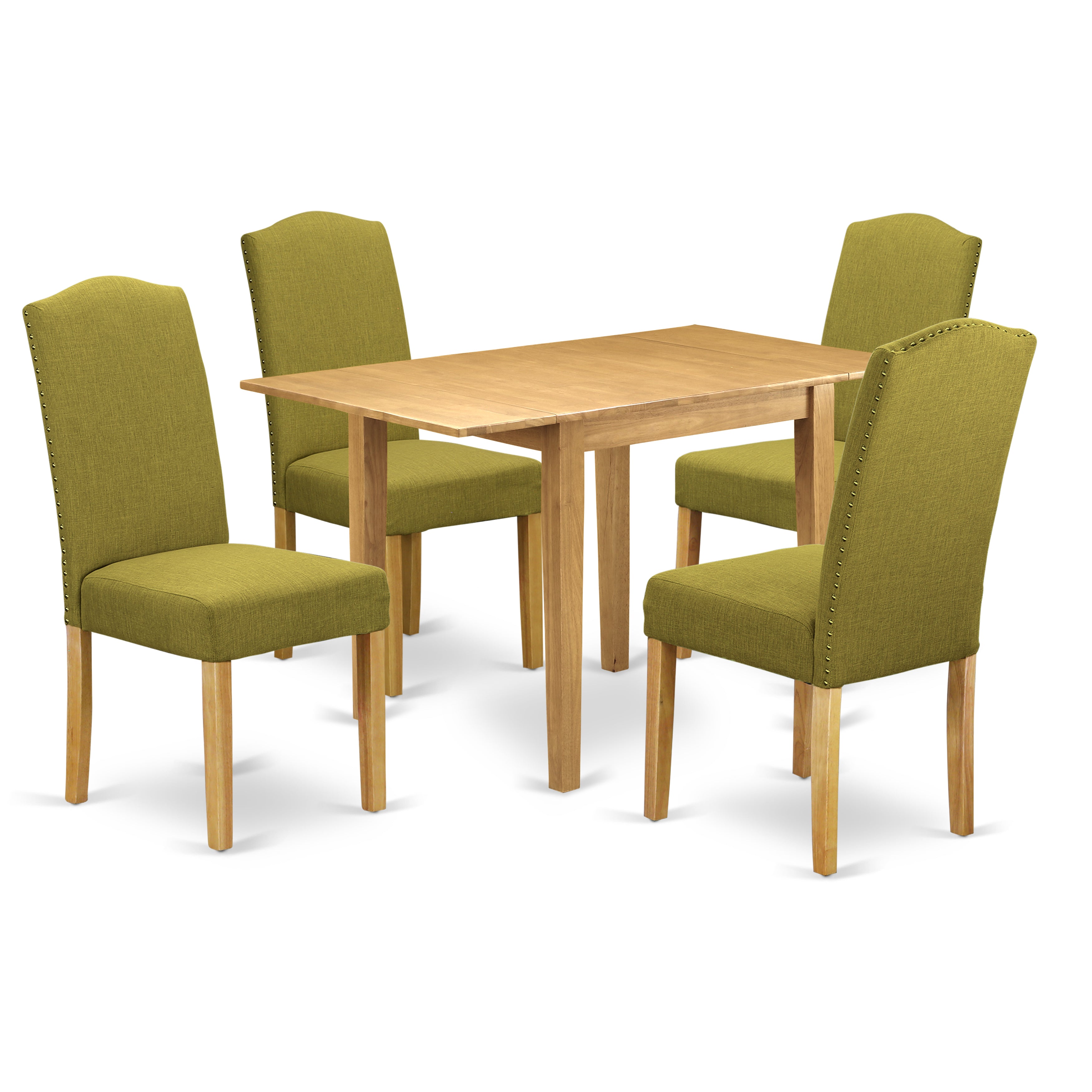 Juego de comedor de 5 piezas East West Furniture NDEN5-OAK-08. Incluye una mesa de comedor rectangular con alas abatibles y 4 sillas Parson de tela de lino.