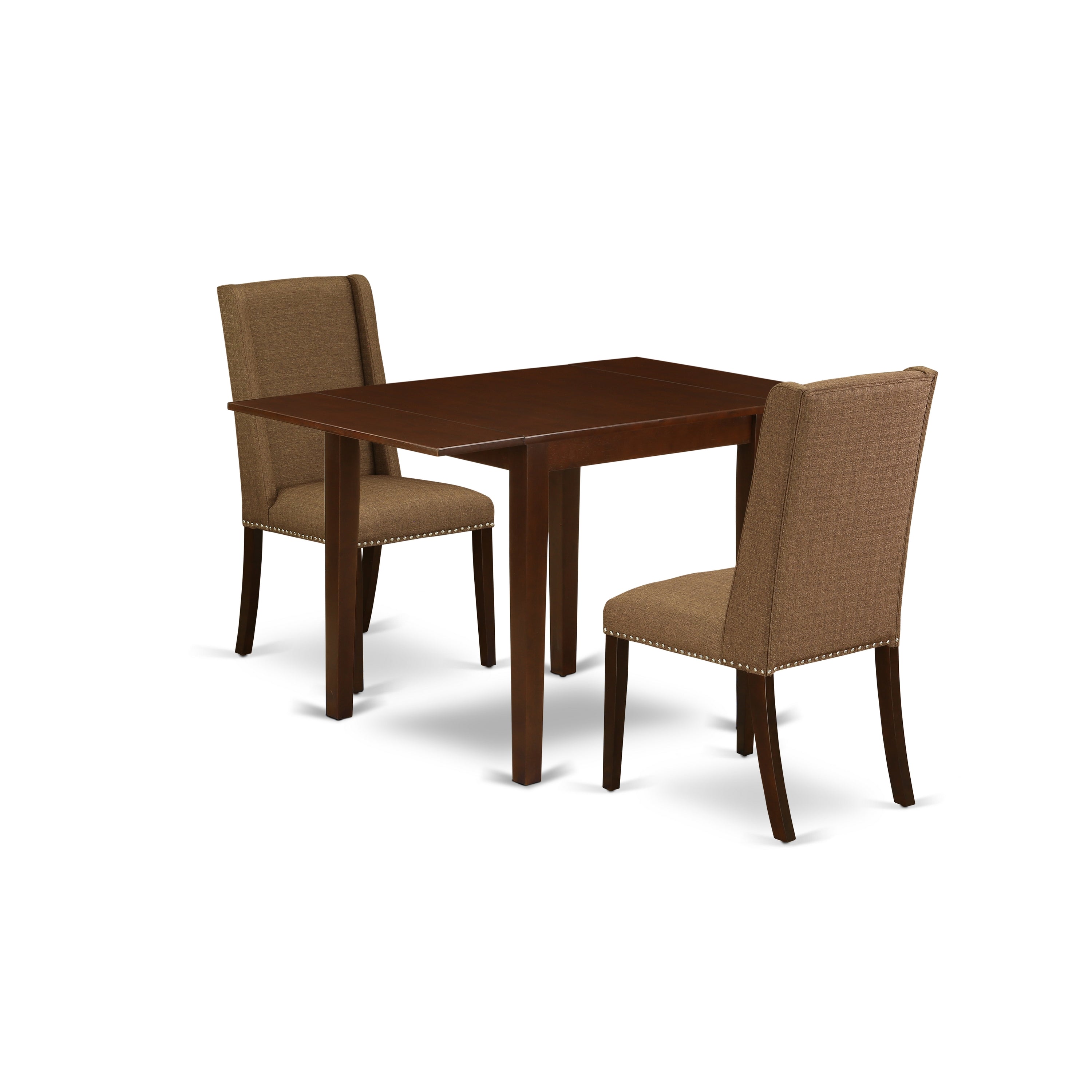 Juego de mesa de comedor de 3 piezas East West Furniture NDFL3-MAH-18. Incluye una mesa de comedor rectangular con alas abatibles y dos sillas tapizadas en tela de lino marrón.