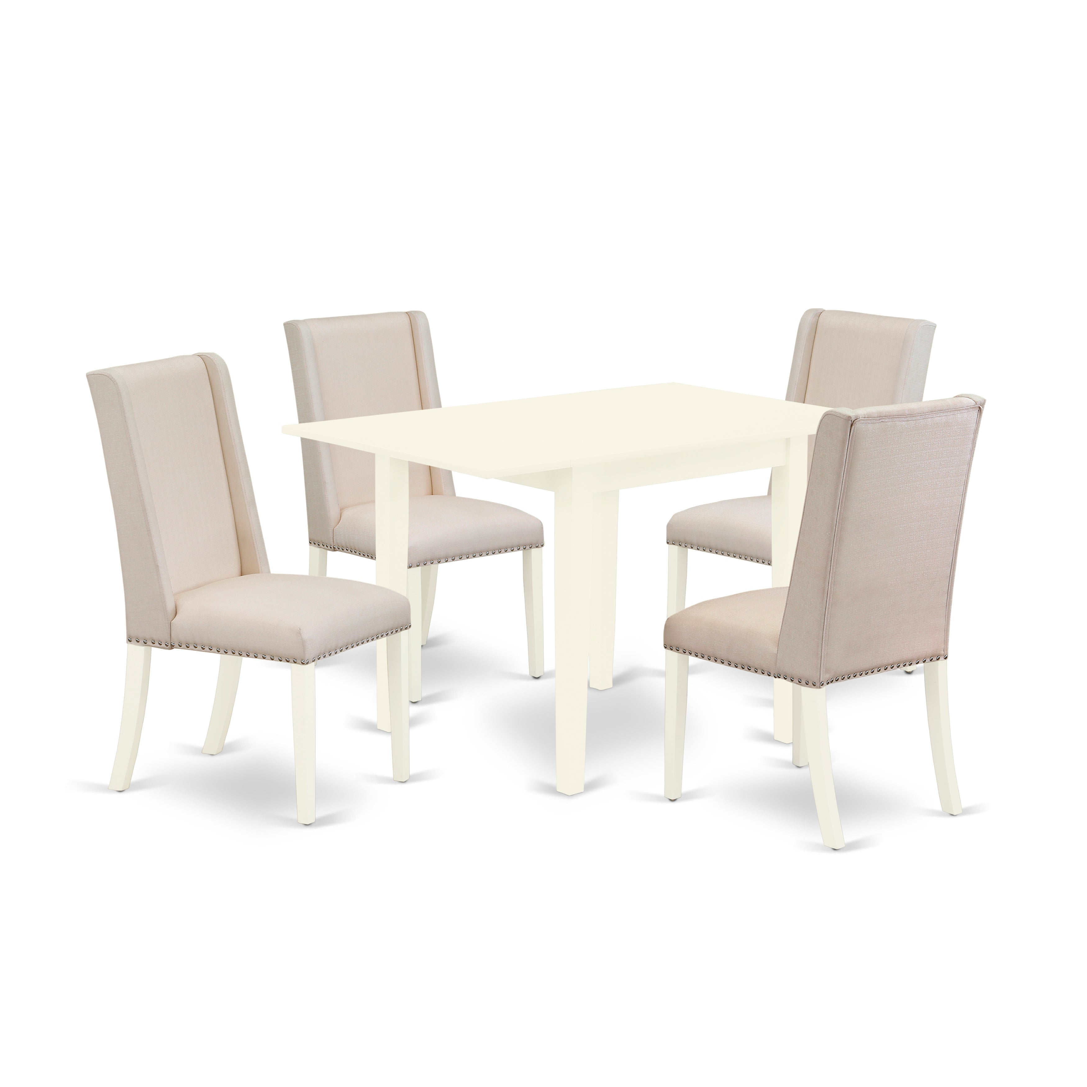 East-West Furniture NDFL5-LWH-01 5-Piece Small Dining Table Set- 4 Parson Chairs and Drop Leaf Dining Room Table Solid Wood Structure -High Back & Linen White Finish