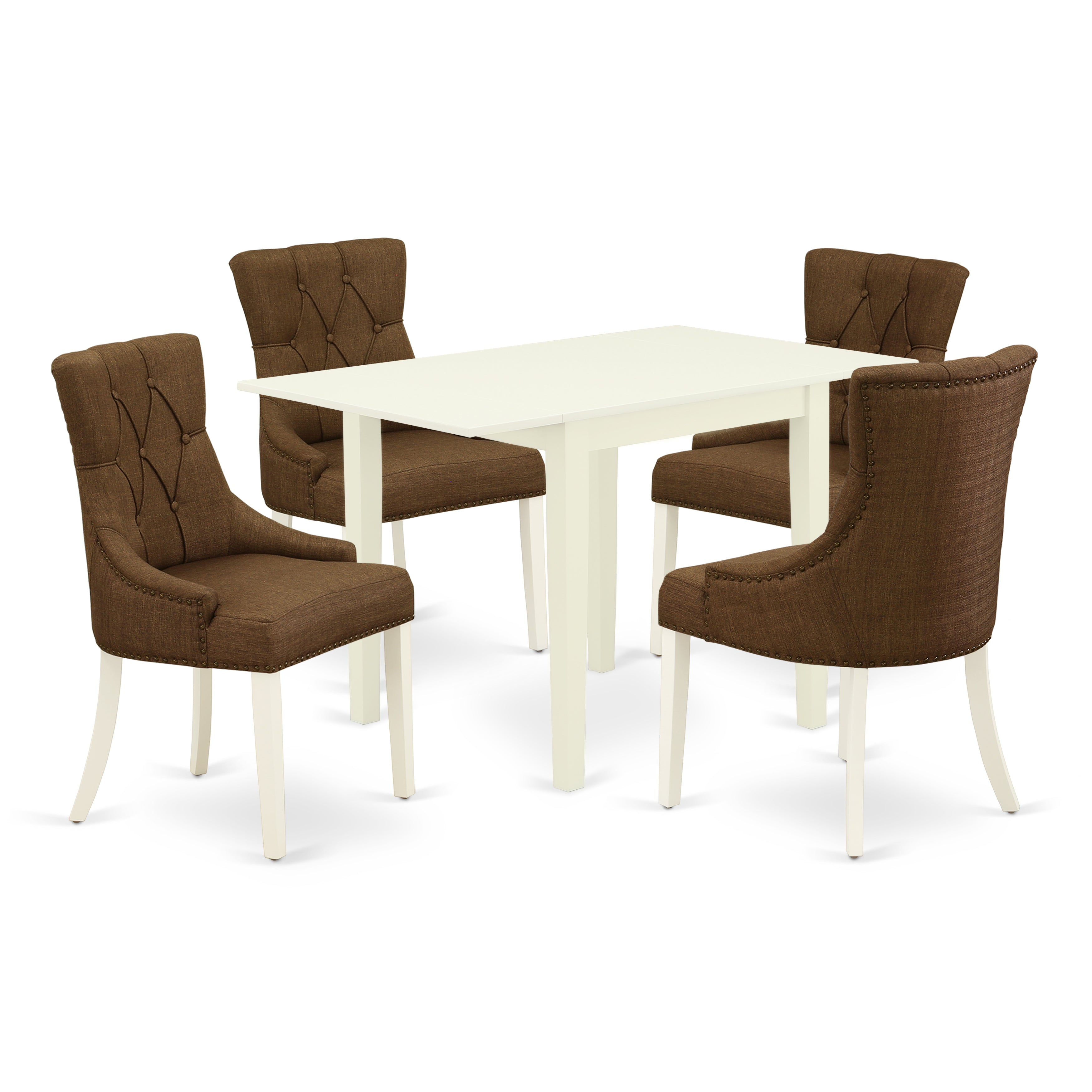 Juego de comedor de 5 piezas East West Furniture NDFR5-LWH-18. Incluye una mesa de comedor rectangular con alas abatibles y 4 sillas Parsons de tela de lino marrón.