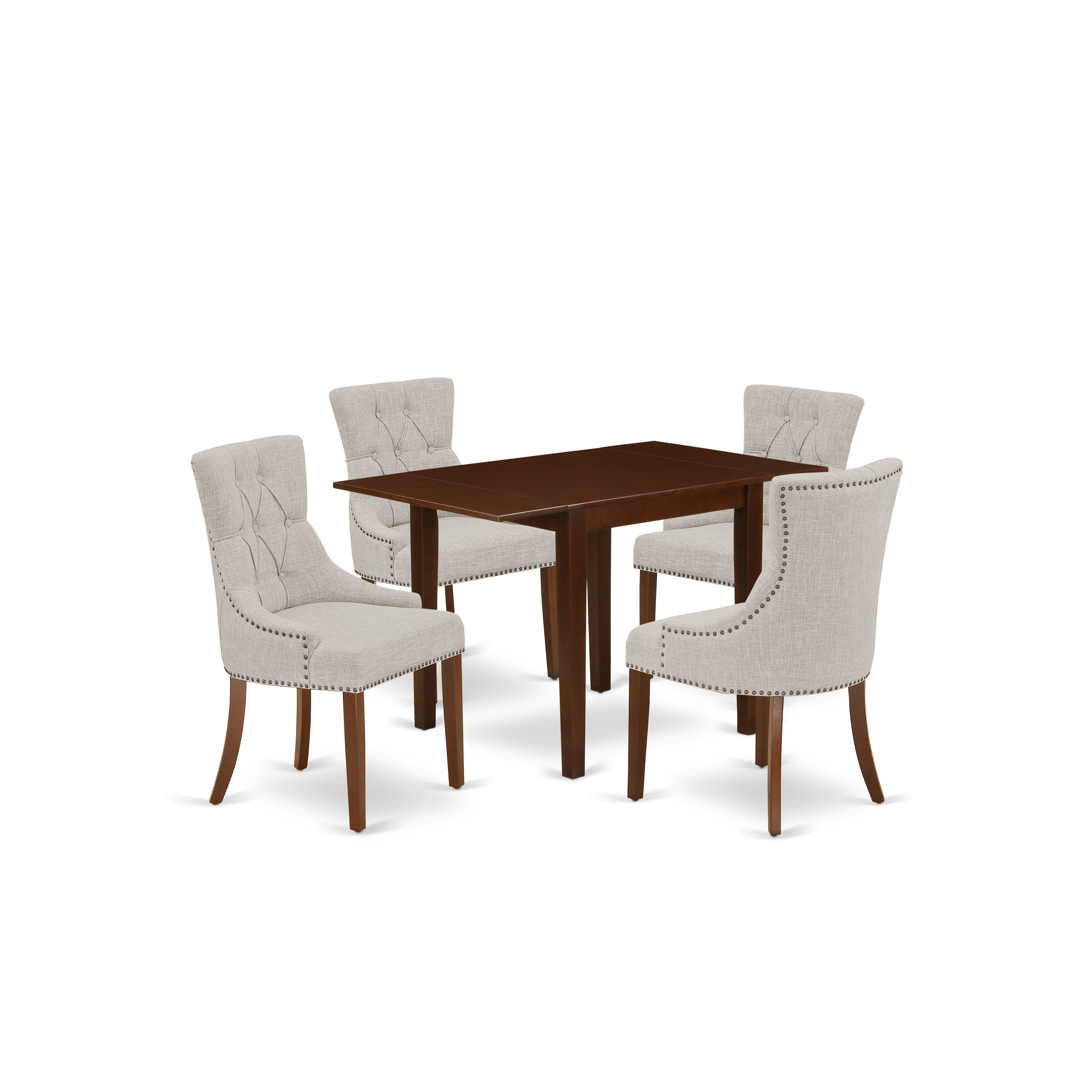 El juego de comedor de 5 piezas NDFR5-MAH-05 de East West Furniture incluye una mesa de comedor rectangular con alas abatibles y 4 sillas Parson tapizadas en tela de lino y piel de venado.
