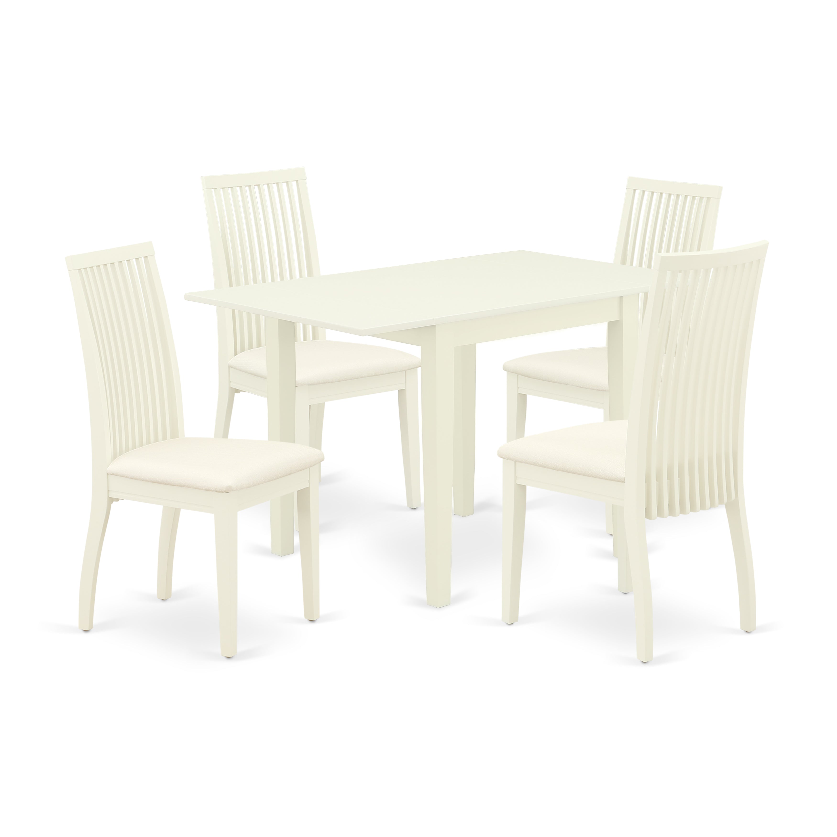 Juego de mesa de cocina de 5 piezas East West Furniture NDIP5-LWH-C para 4 personas. Incluye una mesa de comedor rectangular con alas abatibles y 4 sillas tapizadas en tela de lino.