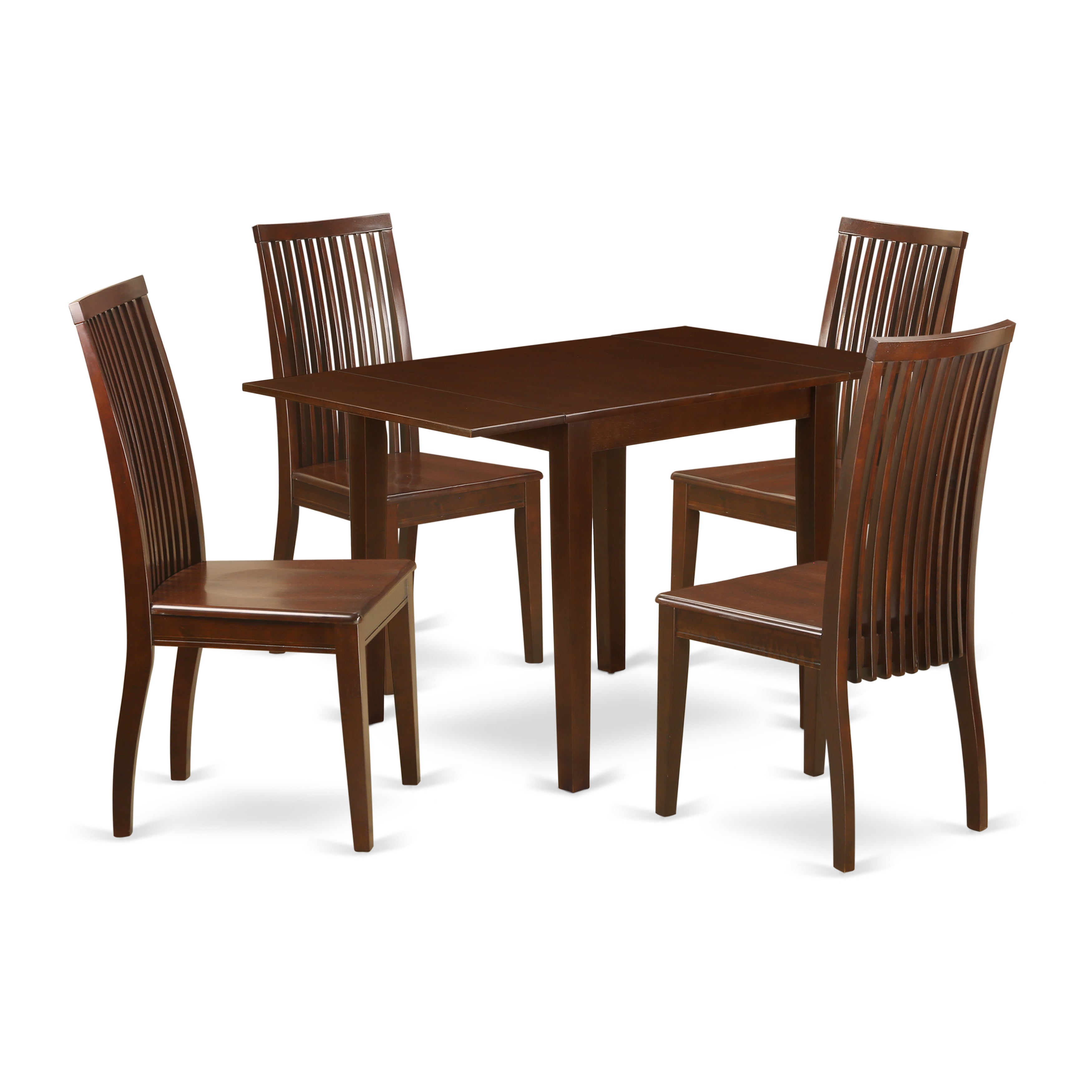 El juego de mesa y sillas de cocina de 5 piezas NDIP5-MAH-W de East West Furniture incluye una mesa de comedor rectangular con alas abatibles y 4 sillas de comedor.