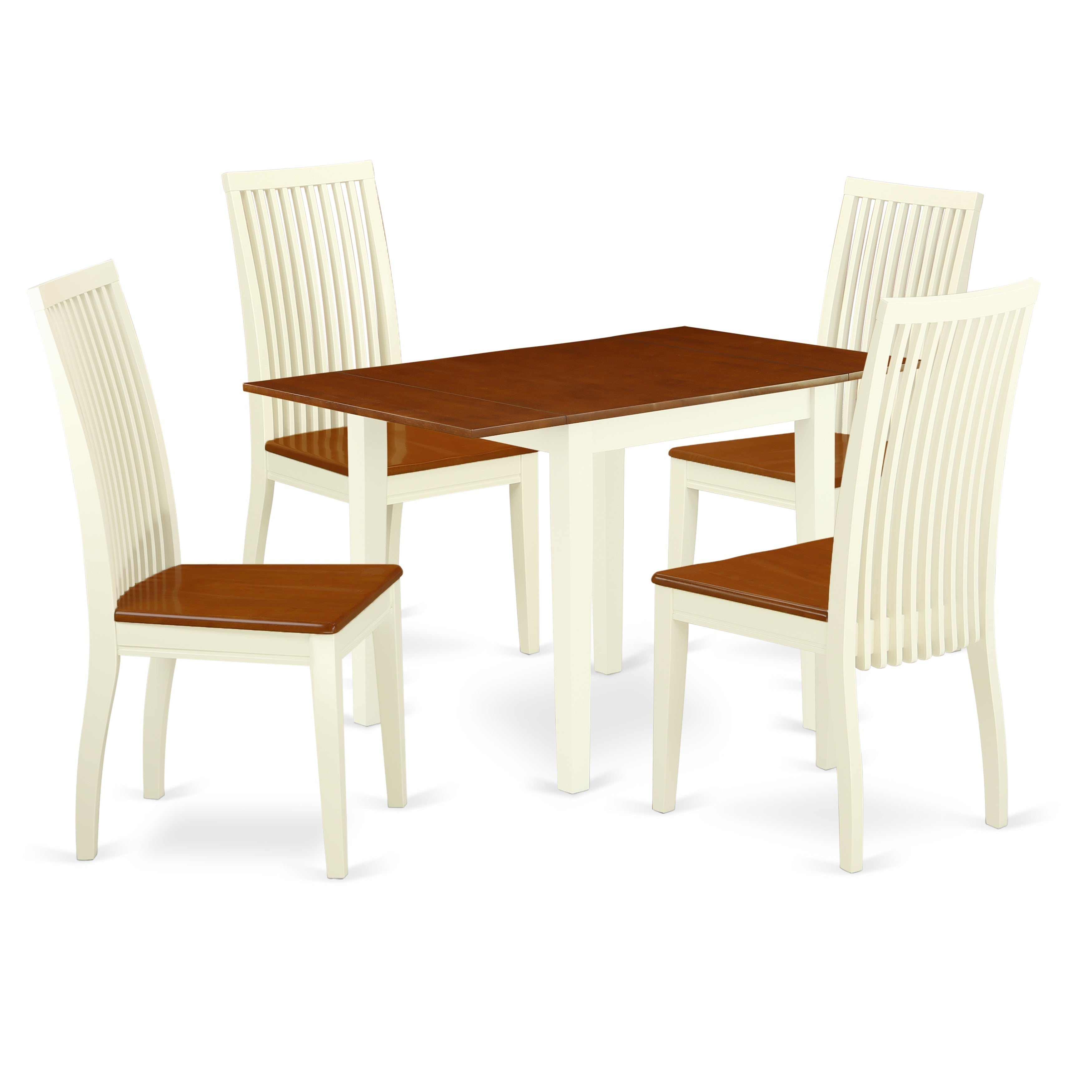 El juego de comedor de 5 piezas East West Furniture NDIP5-WHI-W incluye una mesa de comedor rectangular con alas abatibles y 4 sillas con asiento de madera.