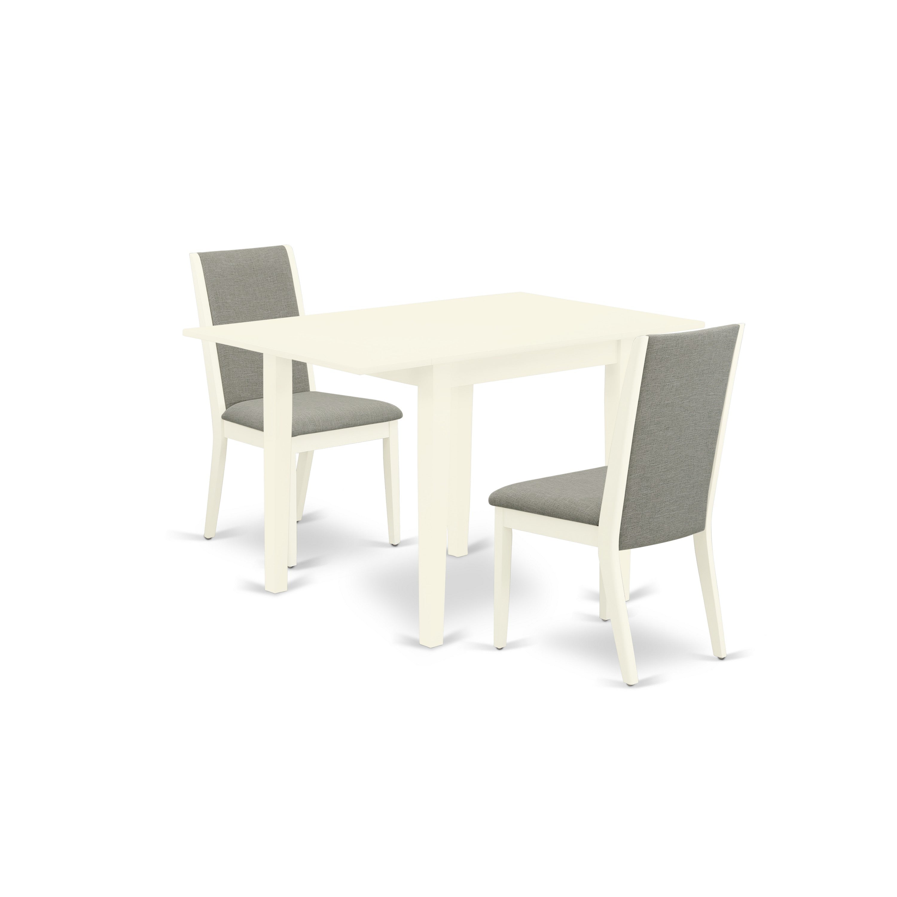 East West Furniture NDLA3-LWH-06 3-Pc Wood Dining Table Set Included a Rectangular Drop Leaves Dining Table & 2 Fabric Kitchen Chairs, Shitake Linen Fabric Parson Chairs Seat with Rubber Wood Legs, Linen White Finish