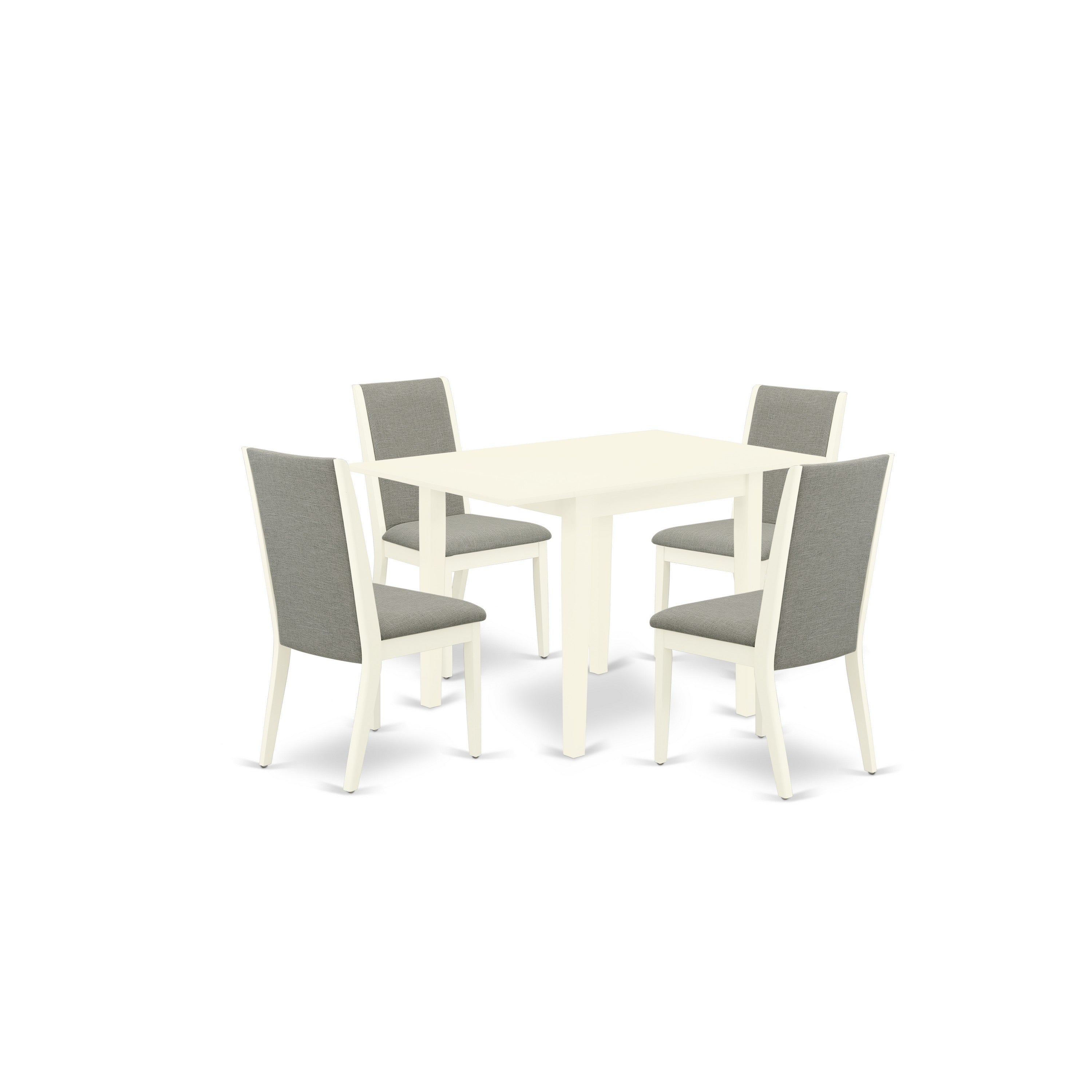 East-West Furniture NDLA5-LWH-06 5-Piece kitchen table set- 4 parson chairs and Drops leaf dinette table solid wood structure -High back & Linen White Finish