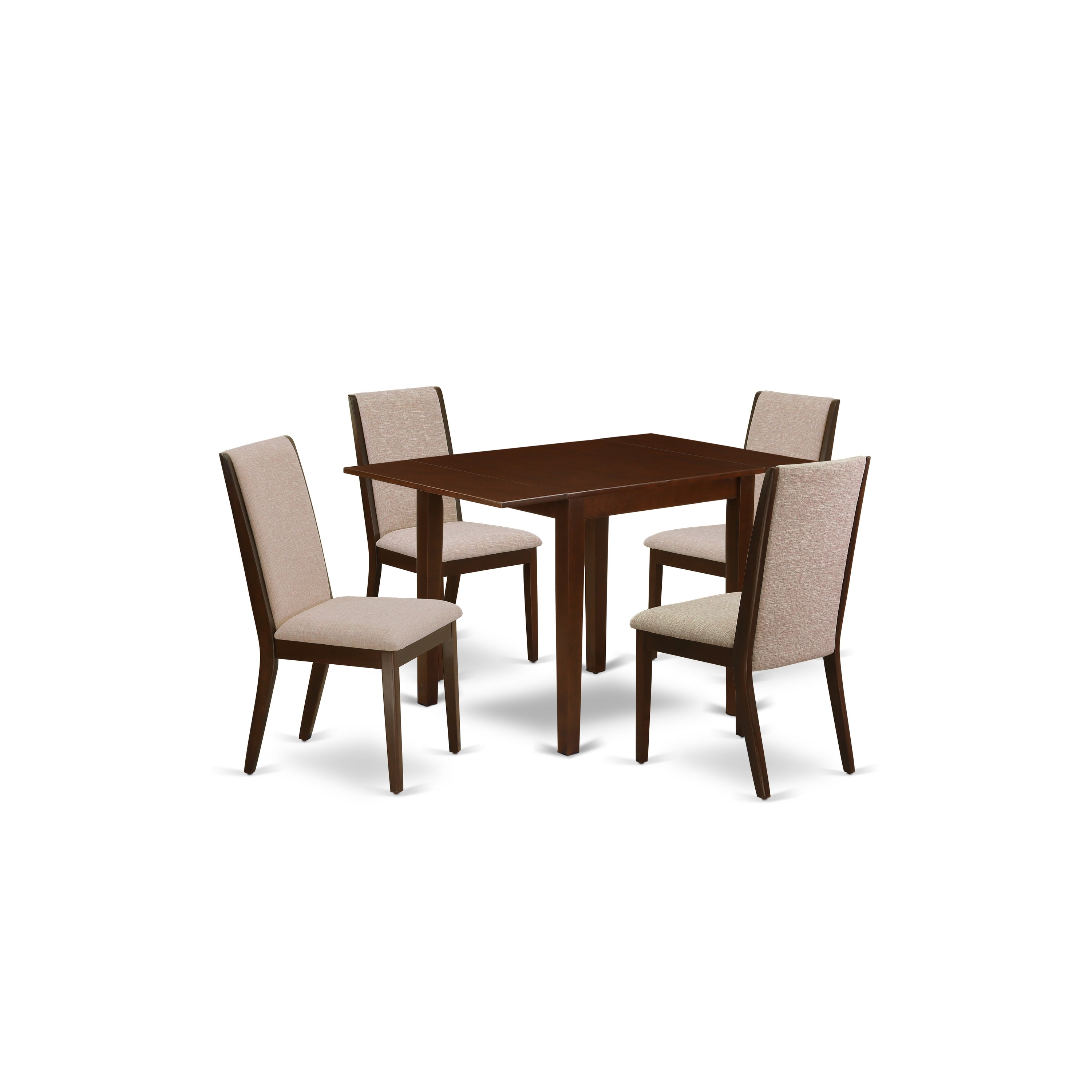 Juego de mesa de comedor moderna de 5 piezas East West Furniture NDLA5-MAH-04. Incluye una mesa rectangular de madera con alas abatibles y 4 sillas de comedor Parsons de tela de lino color tostado claro.