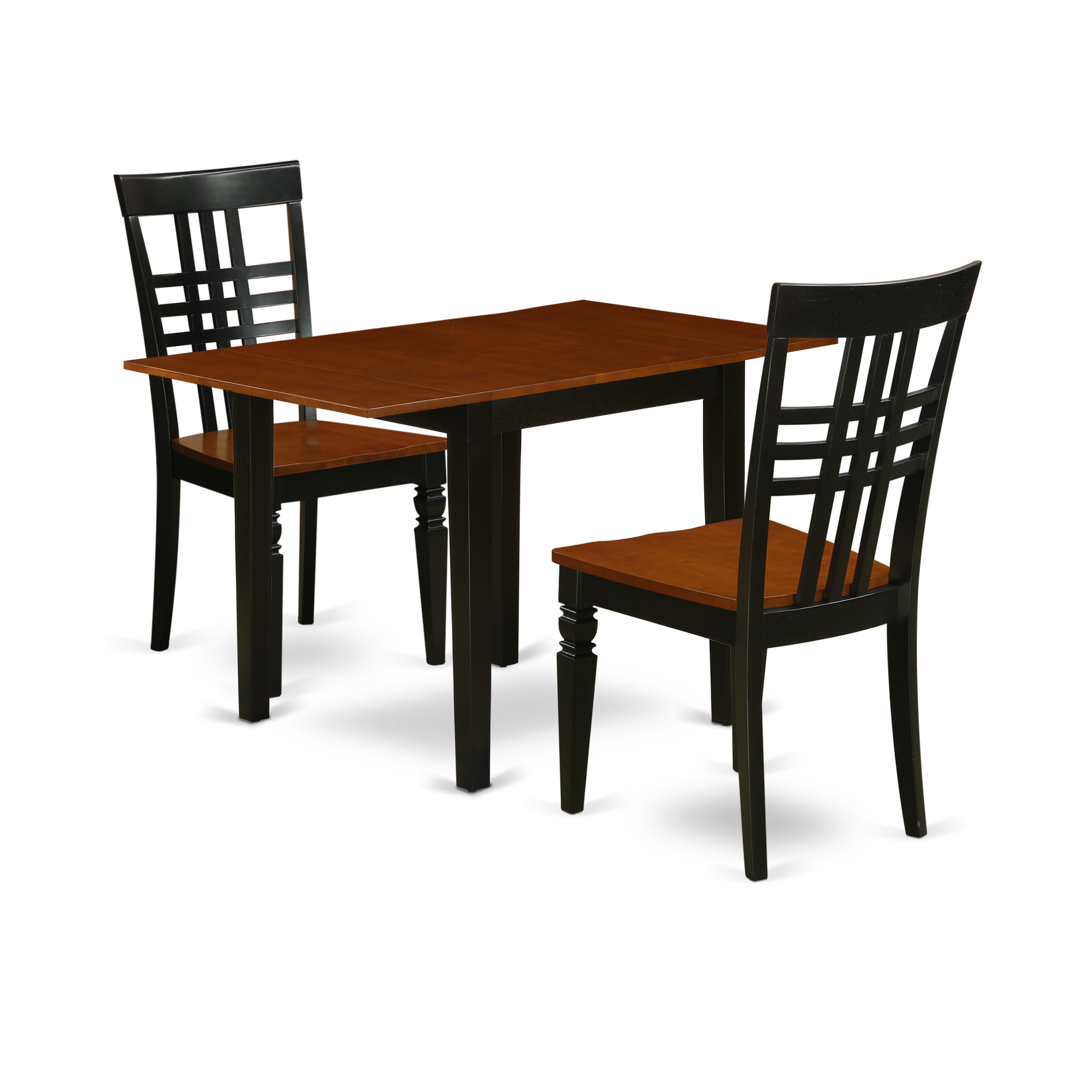 Juego de mesa de comedor de 3 piezas East West Furniture NDLG3-BCH-W para espacios pequeños. Incluye una mesa de comedor rectangular con alas abatibles y dos sillas con asiento de madera.