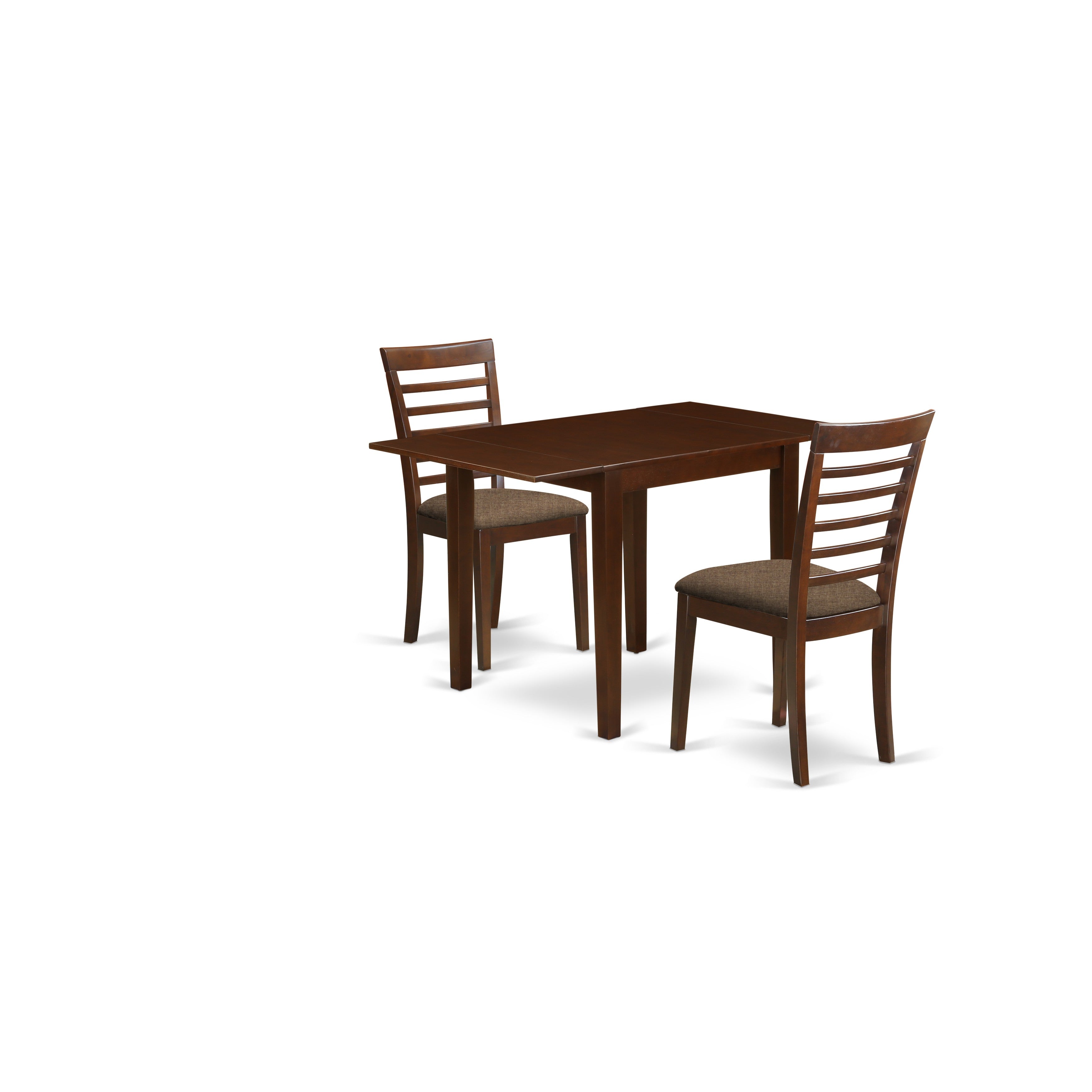 Juego de comedor de 3 piezas NDML3-MAH-C de East West Furniture. Incluye una mesa de comedor rectangular con alas abatibles y dos sillas de cocina tapizadas en tela de lino.