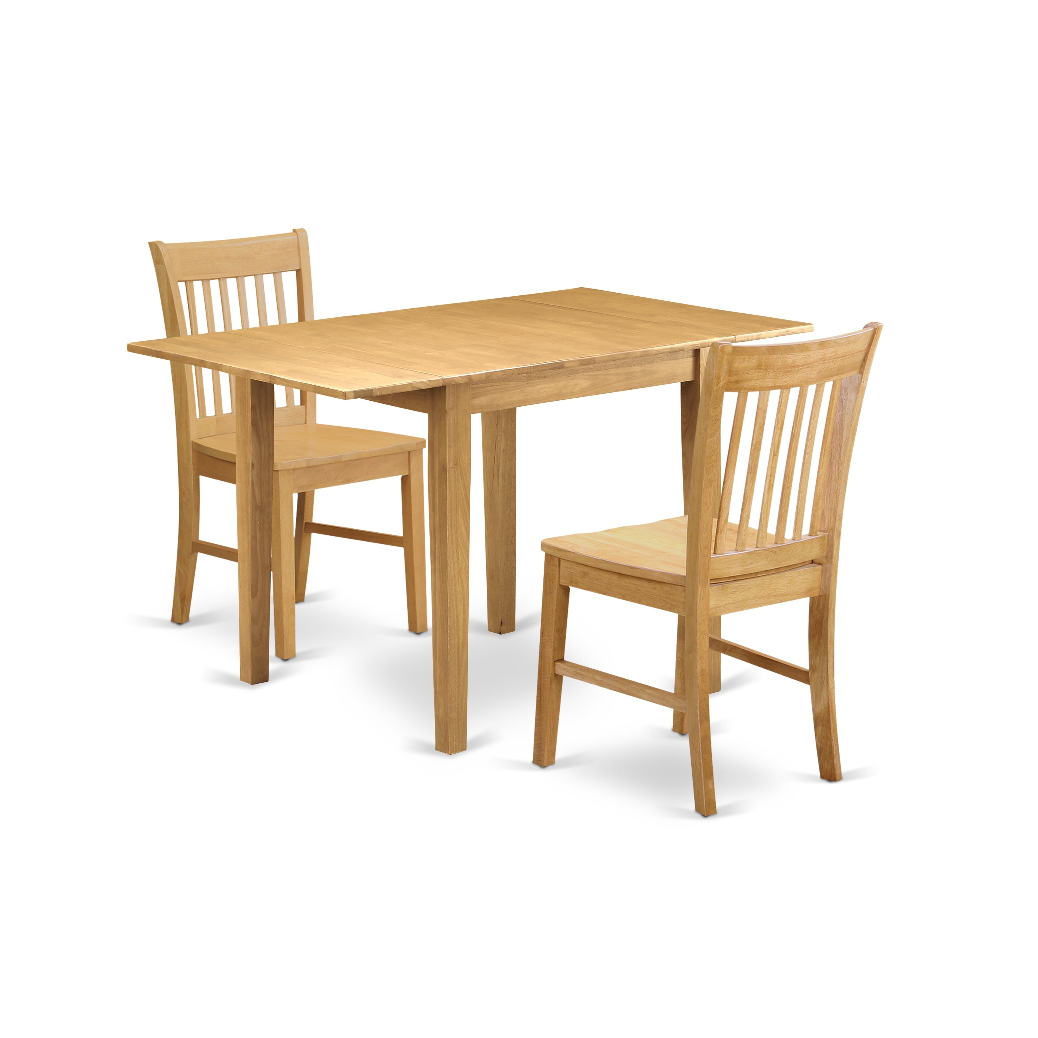 Juego de mesa de cocina de 3 piezas East West Furniture NDNO3-OAK-W para espacios pequeños. Incluye una mesa de comedor rectangular con alas abatibles y dos sillas de comedor.