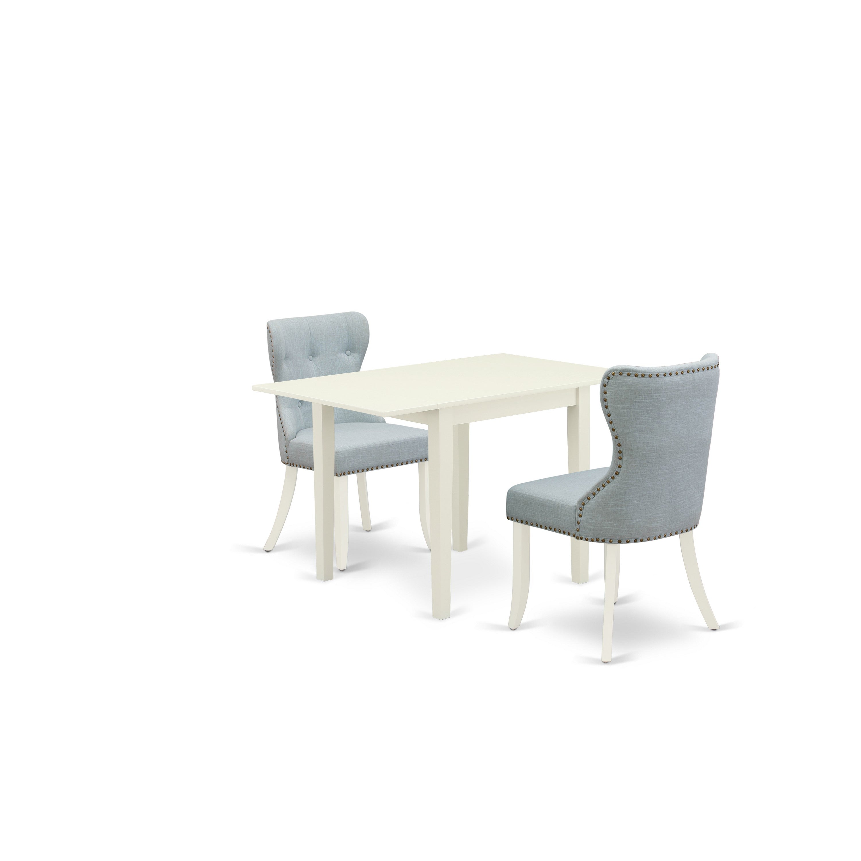 Juego de mesa de comedor moderna de 3 piezas East West Furniture NDSI3-LWH-15. Incluye una mesa rectangular de madera con alas abatibles y dos sillas tapizadas en tela de lino azul bebé.