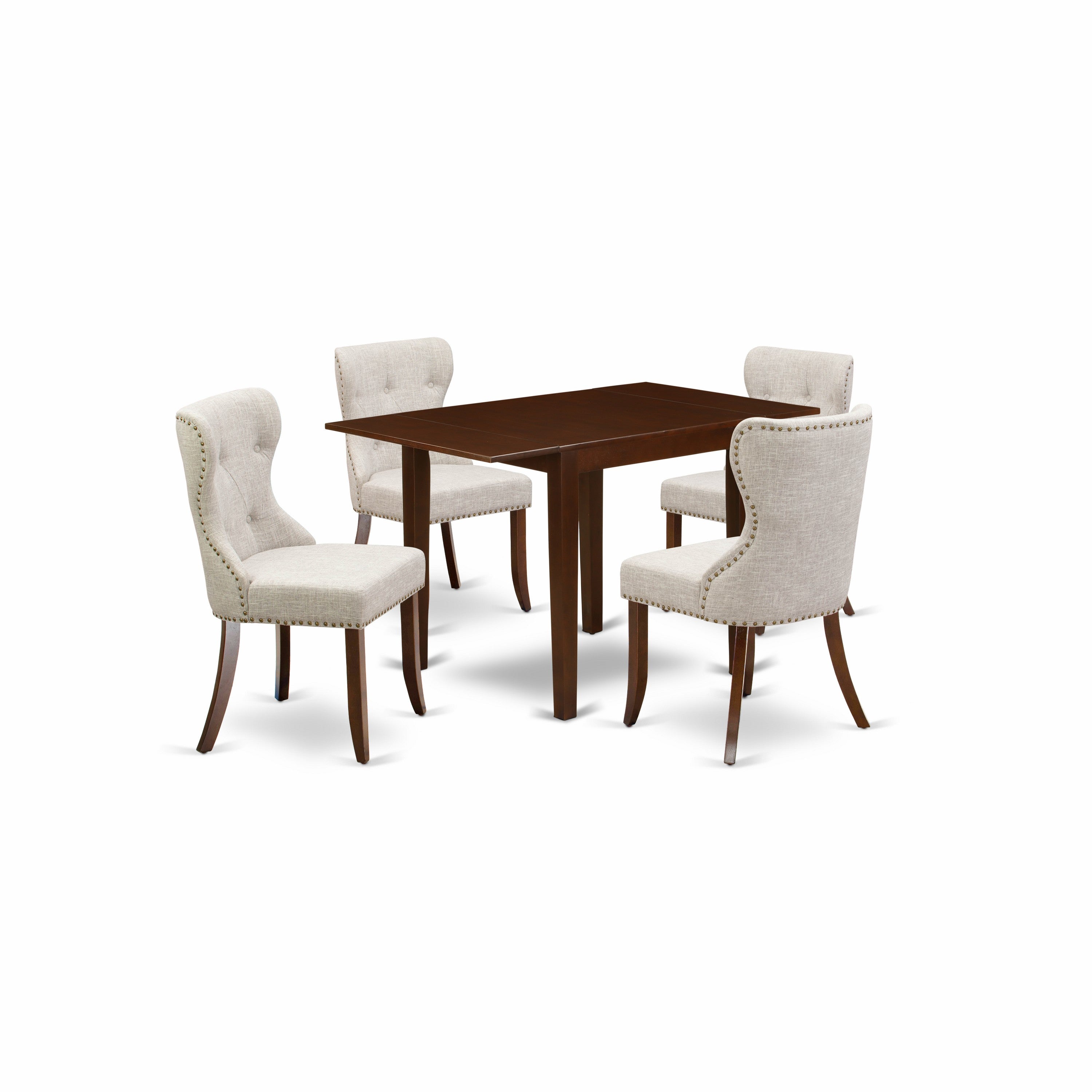 Juego de mesa de cocina de 5 piezas East West Furniture NDSI5-MAH-35 para 4 personas. Incluye una mesa de comedor rectangular con alas abatibles y 4 sillas Parsons de tela de lino y piel de venado.