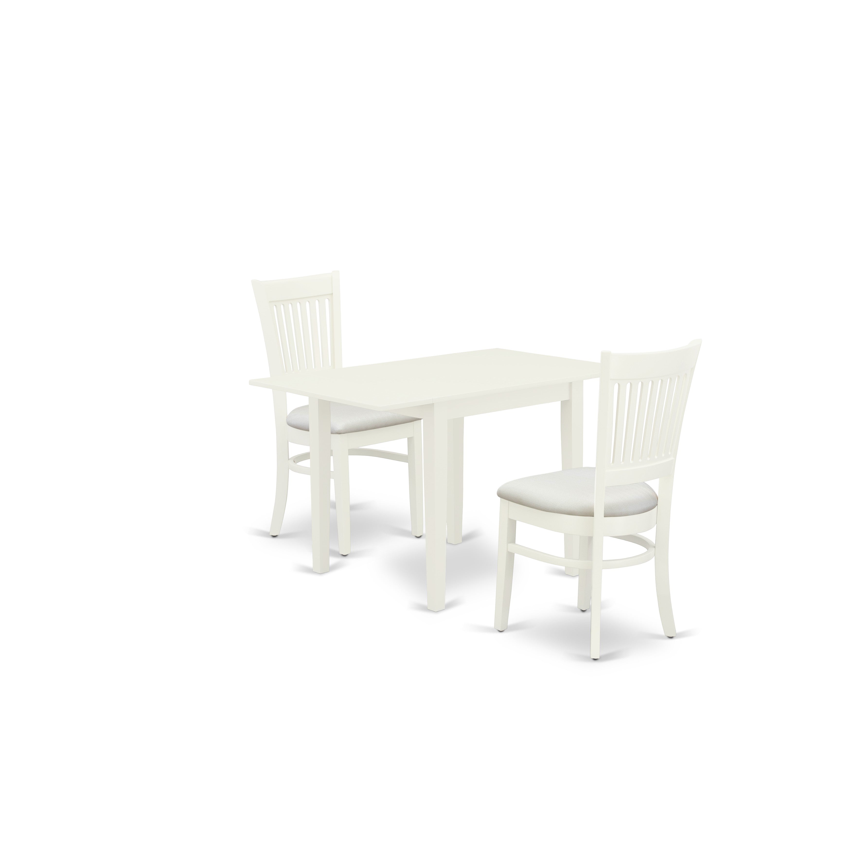 Juego de mesa y sillas de cocina de 3 piezas NDVA3-LWH-C de East West Furniture. Incluye una mesa de comedor rectangular con alas abatibles y dos sillas tapizadas en tela de lino.