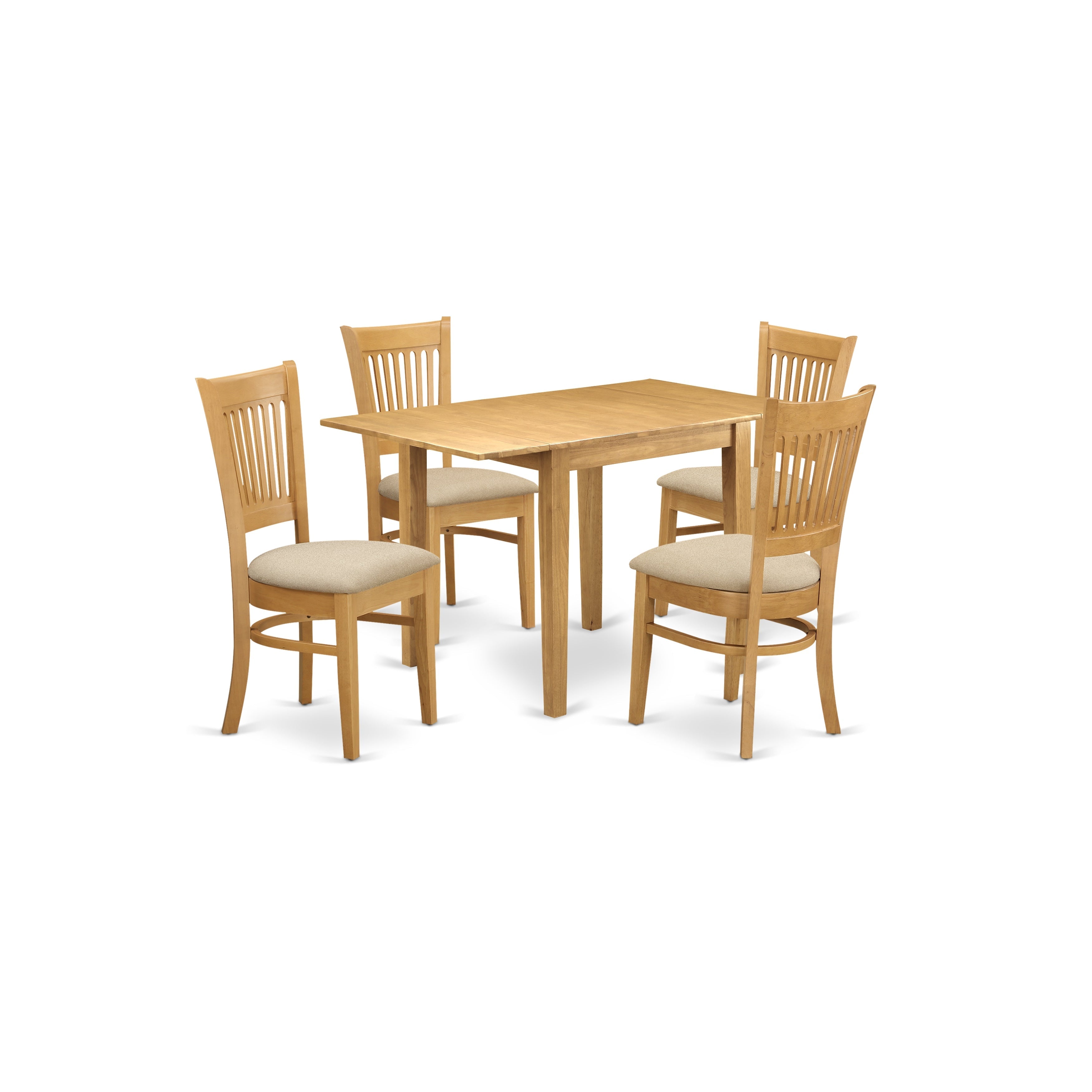 Juego de mesa y sillas de cocina de 5 piezas NDVA5-OAK-C de East West Furniture. Incluye una mesa de comedor rectangular con alas abatibles y 4 sillas tapizadas en tela de lino.