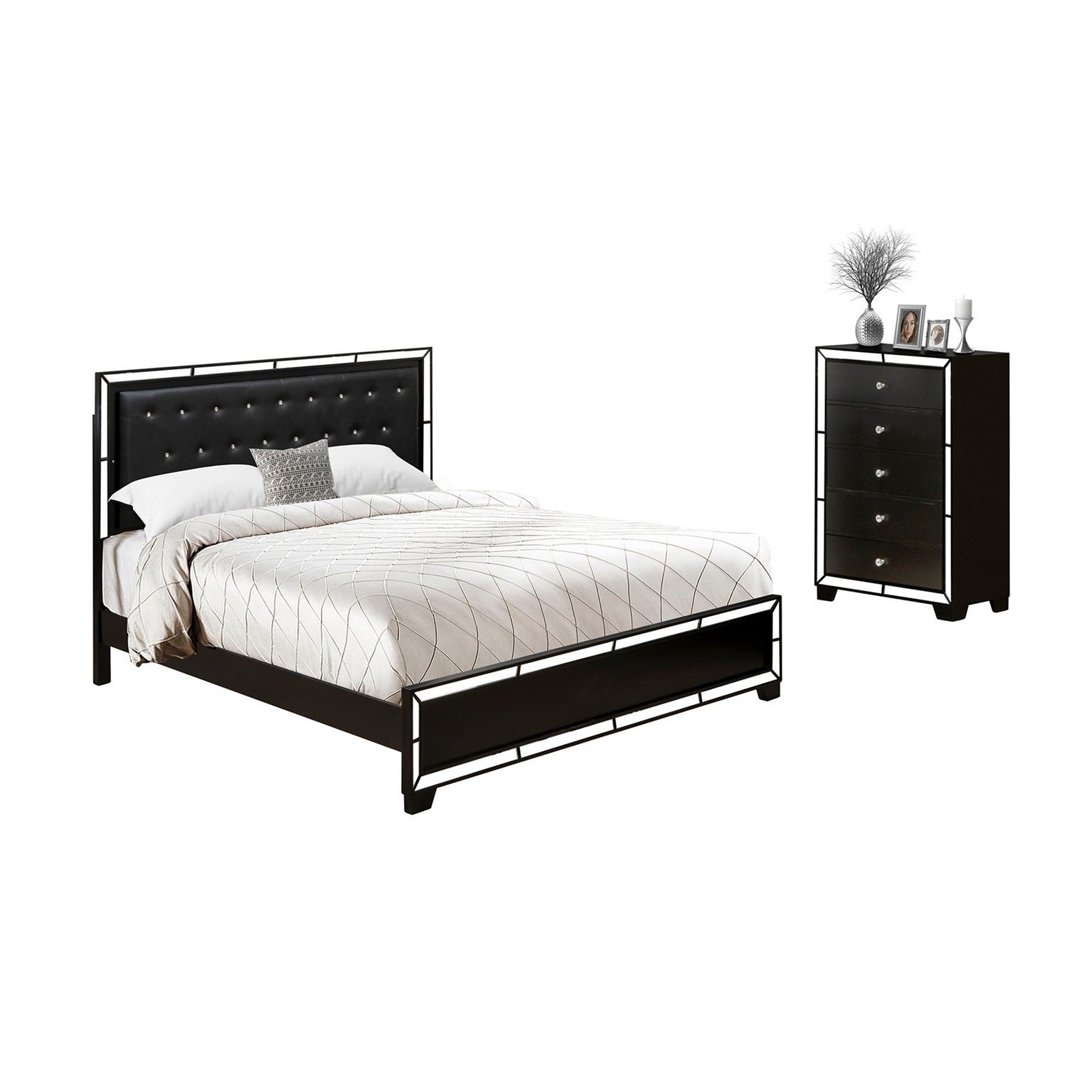 East West Furniture NE11-K0000C 2-Pc Nella Wooden Set for Bedroom with a Button Tufted King Size Bed Frame and Small Chest of Drawers - Black faux Leather Head Board and Black Legs