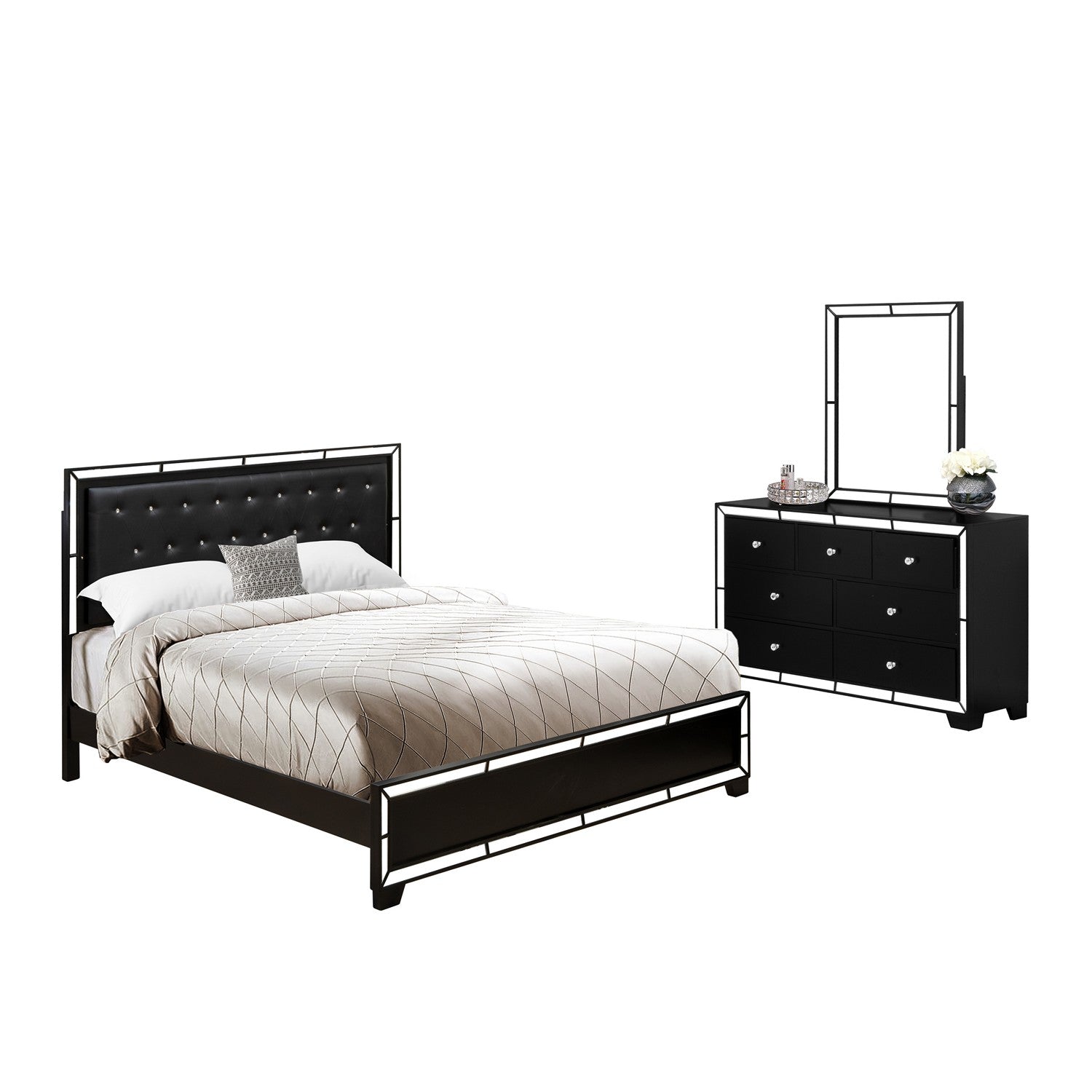 East West Furniture NE11-K00DM0 3-Pc Nella Frame Set with a King Size Bed, Bedroom Dresser and Make Up Mirror - Black faux Leather Head Board and Black Legs