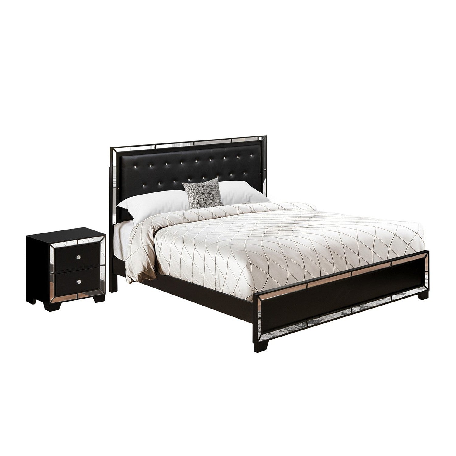 East West Furniture NE11-K1N000 2-Piece Nella King Size Bedroom Set with a Button Tufted King Size Frame and Night Stand for Bedroom - Black faux Leather Headboard and Black Legs