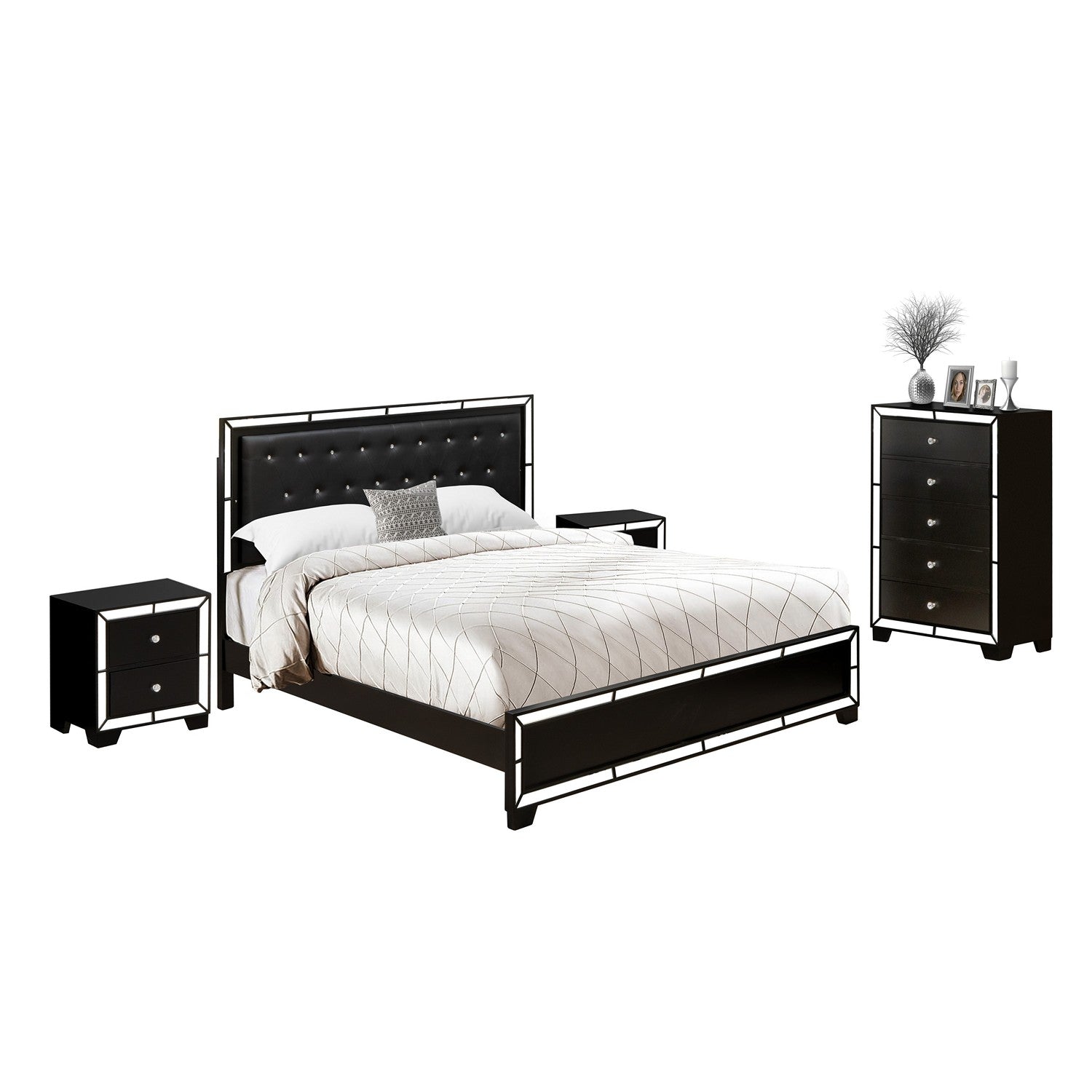 NE11-K2N00C 4-PC Nella King Size Bed Set with a Button Tufted Platform Bed, Wood Chest and 2 Mid Century Nightstands - Black faux Leather Headboard and Black Legs