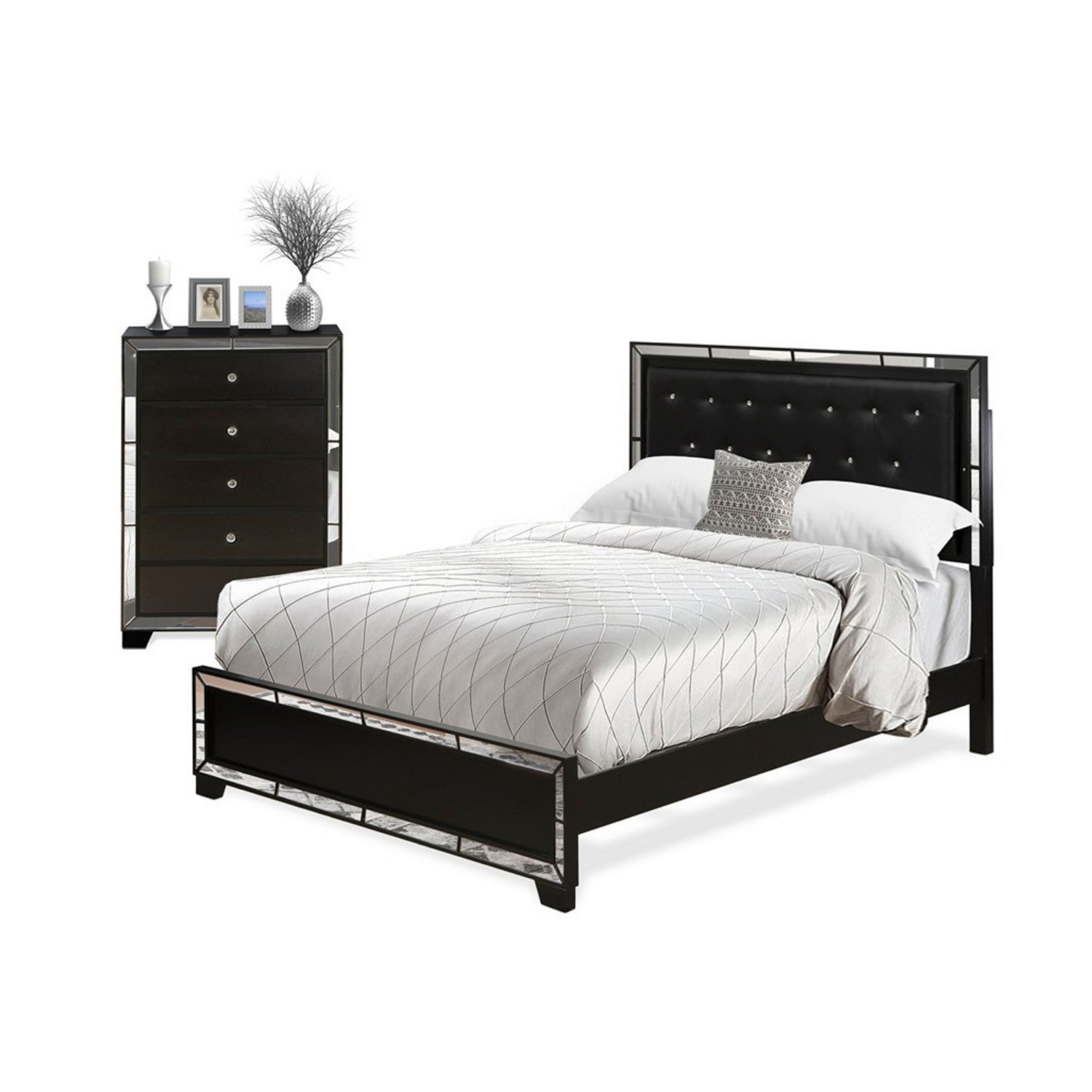East West Furniture NE11-Q0000C 2-Piece Nella Bedroom Set with Button Tufted Queen Bedframe and Chester Drawers - Black faux Leather Upholstered Headboard and Black Legs