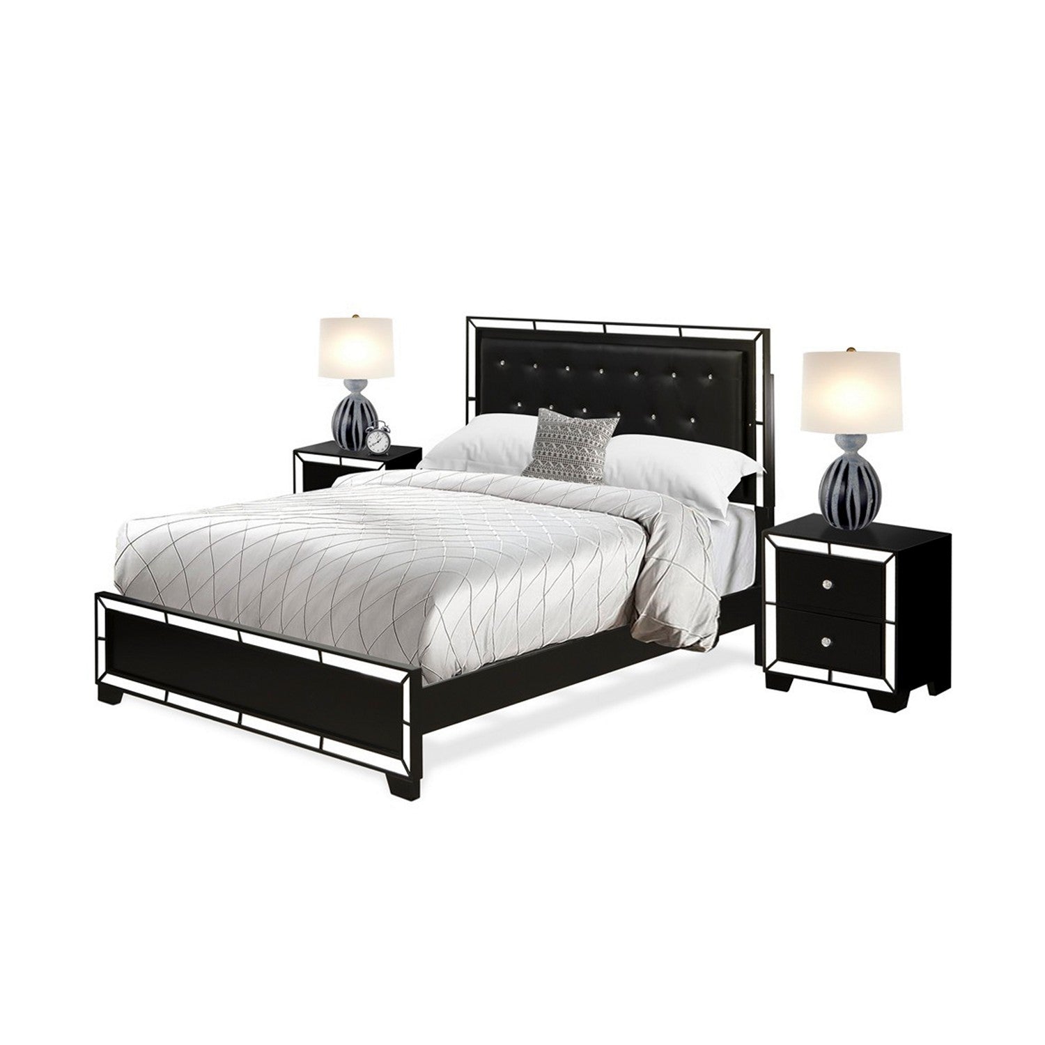 NE11-Q2N000 Juego de dormitorio Nella de 3 piezas con cama tamaño queen con botones y dos mesitas de noche modernas de mediados de siglo - Cabecera de cuero negro y patas negras