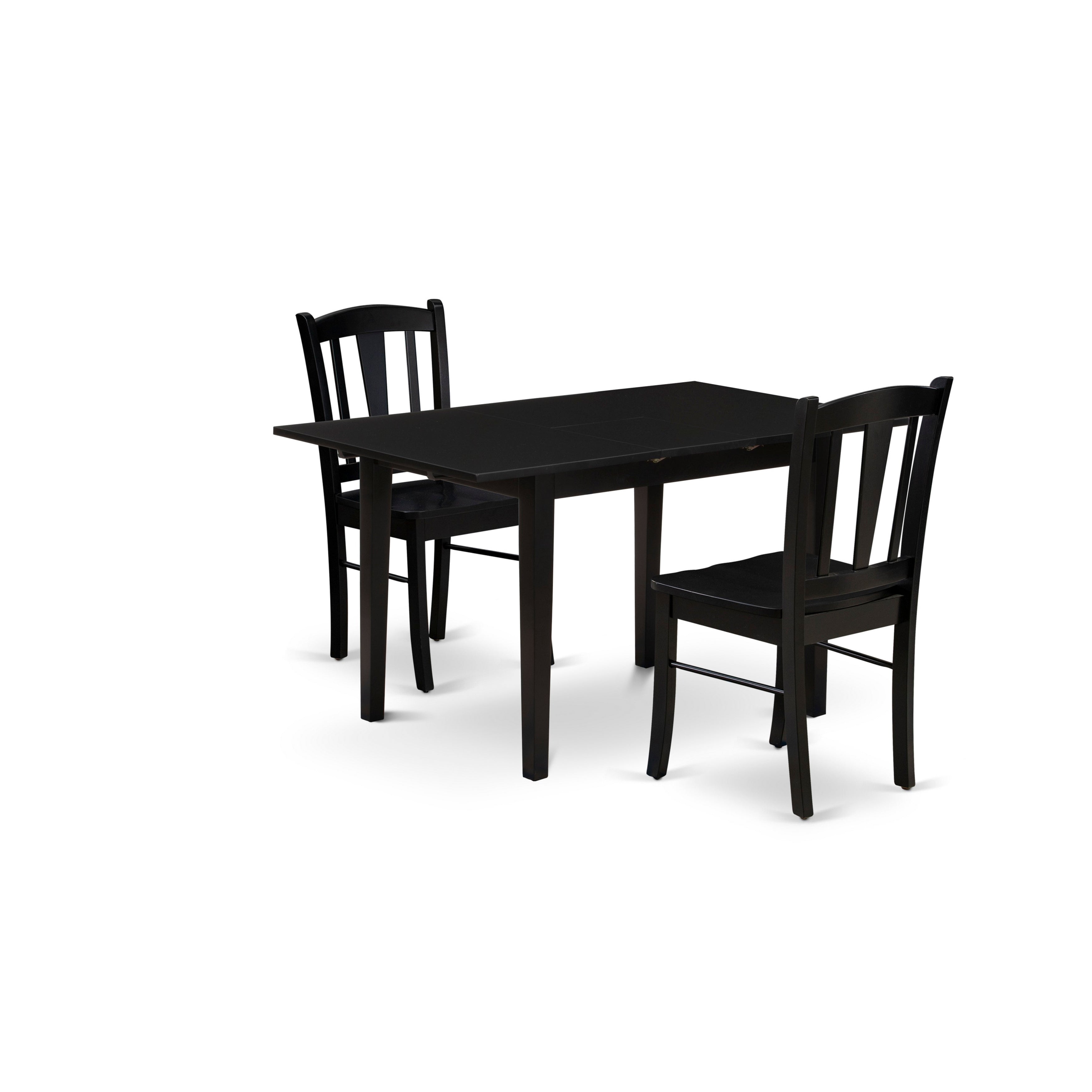 EAST WEST FURNITURE - NFDL3-BLK-W - 3-Piece Kitchen Dining Room Set- 2 Modern Dining Chairs with Wooden Seat and Slatted Chair Back - Removable leaf Rectangular Dining Table (Black Finish)