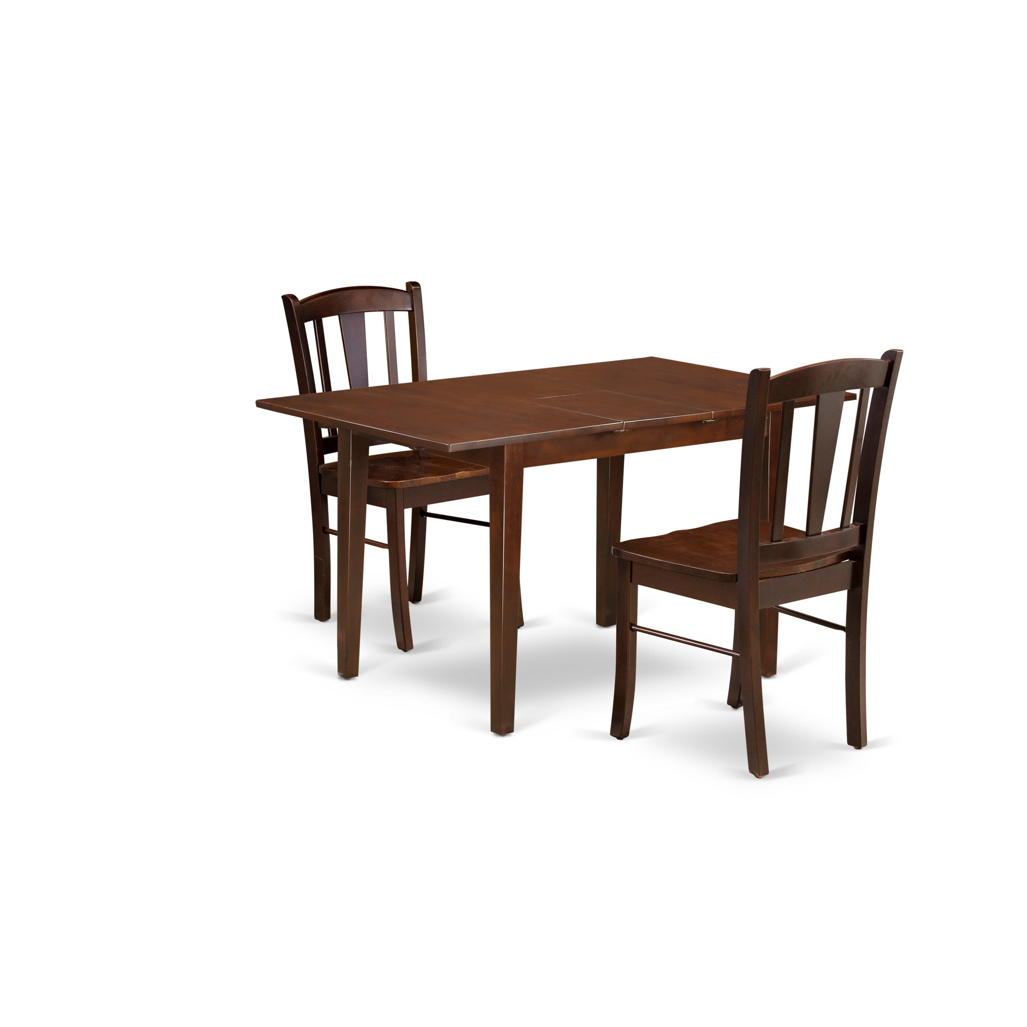 EAST WEST FURNITURE - NFDL3-MAH-W - 3-Pc Dining Room Table Set- 2 Dining Chair with Wooden Seat and Slatted Chair Back - Removable leaf Modern Kitchen Table - Mahogany Finish