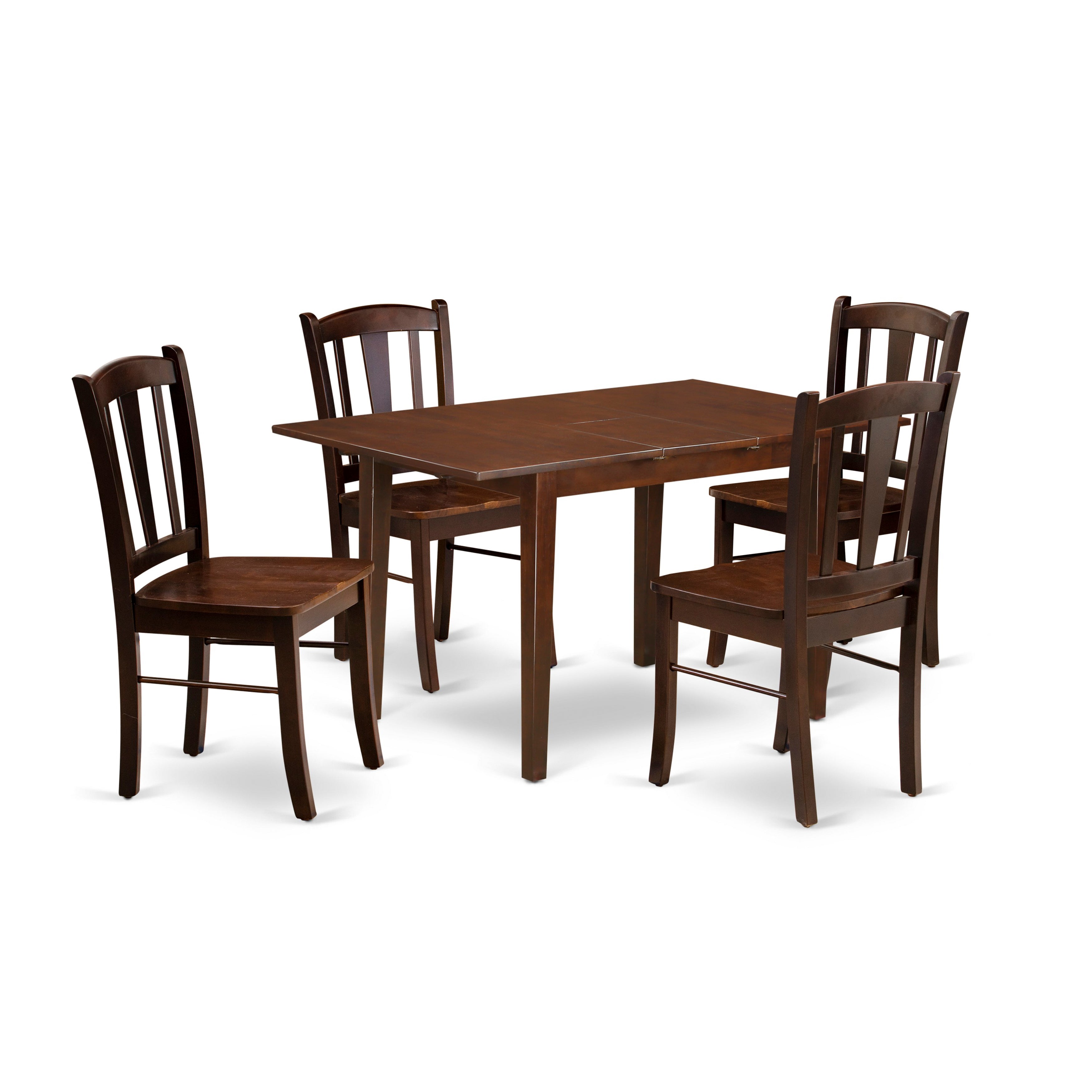 EAST WEST FURNITURE - NFDL5-MAH-W - 5-Pc Dining Room Table Set- 4 Kitchen Chair with Wooden Seat and Slatted Chair Back - Removable leaf Dining Table - Mahogany Finish