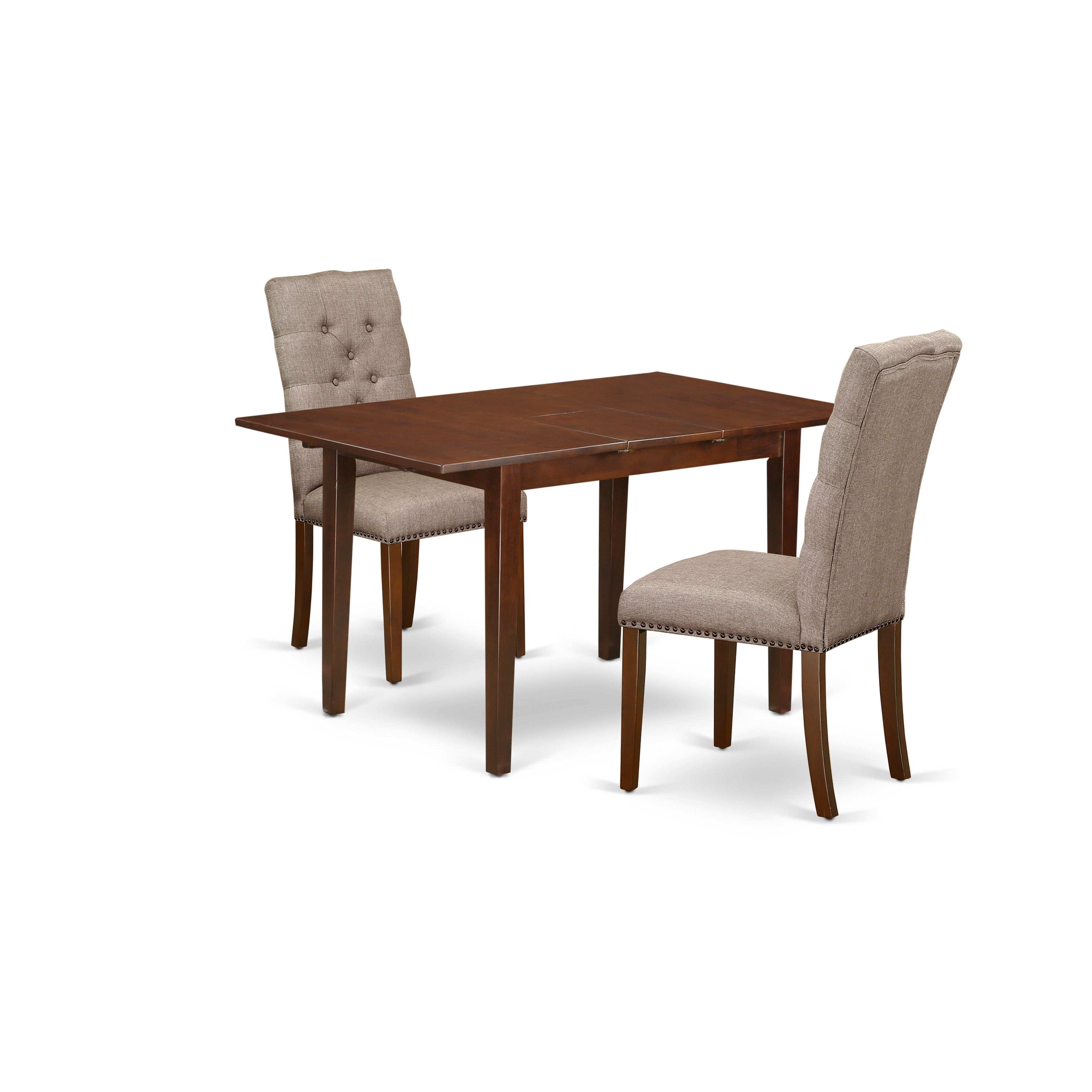 East West Furniture NFEL3-MAH-16 3-Pc Dining Set Included a Butterfly Leaf Rectangular Dining Room Table & 2 Fabric Kitchen Chairs, Dark Khaki Linen Fabric Parson Chairs Seat with Rubber Wood Legs, Mahogany Finish