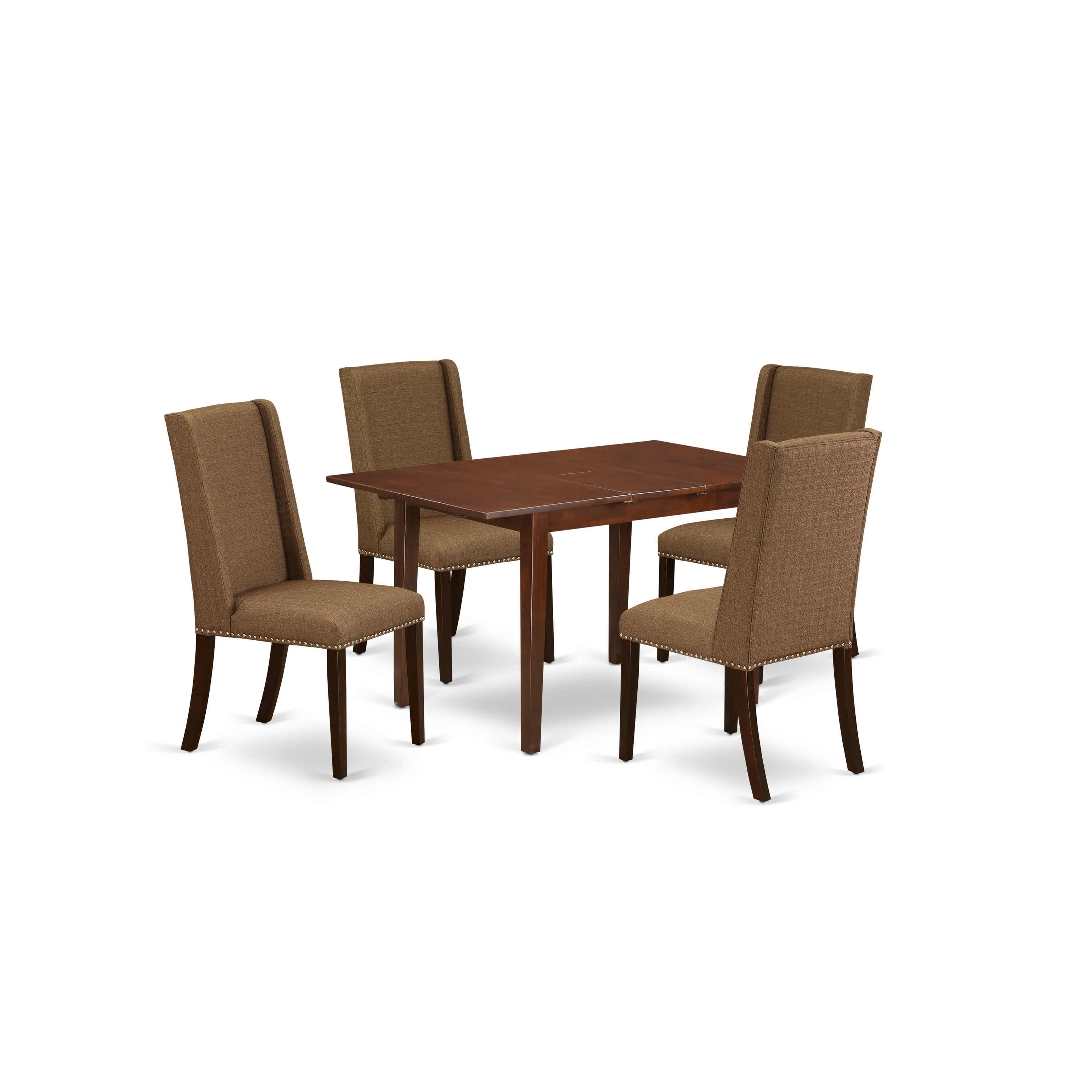 East West Furniture NFFL5-MAH-18 5-Pc dining room table set- 4 parson dining chairs and 2-drops leaf dinette table hardwood frame - High back & Mahogany Finish