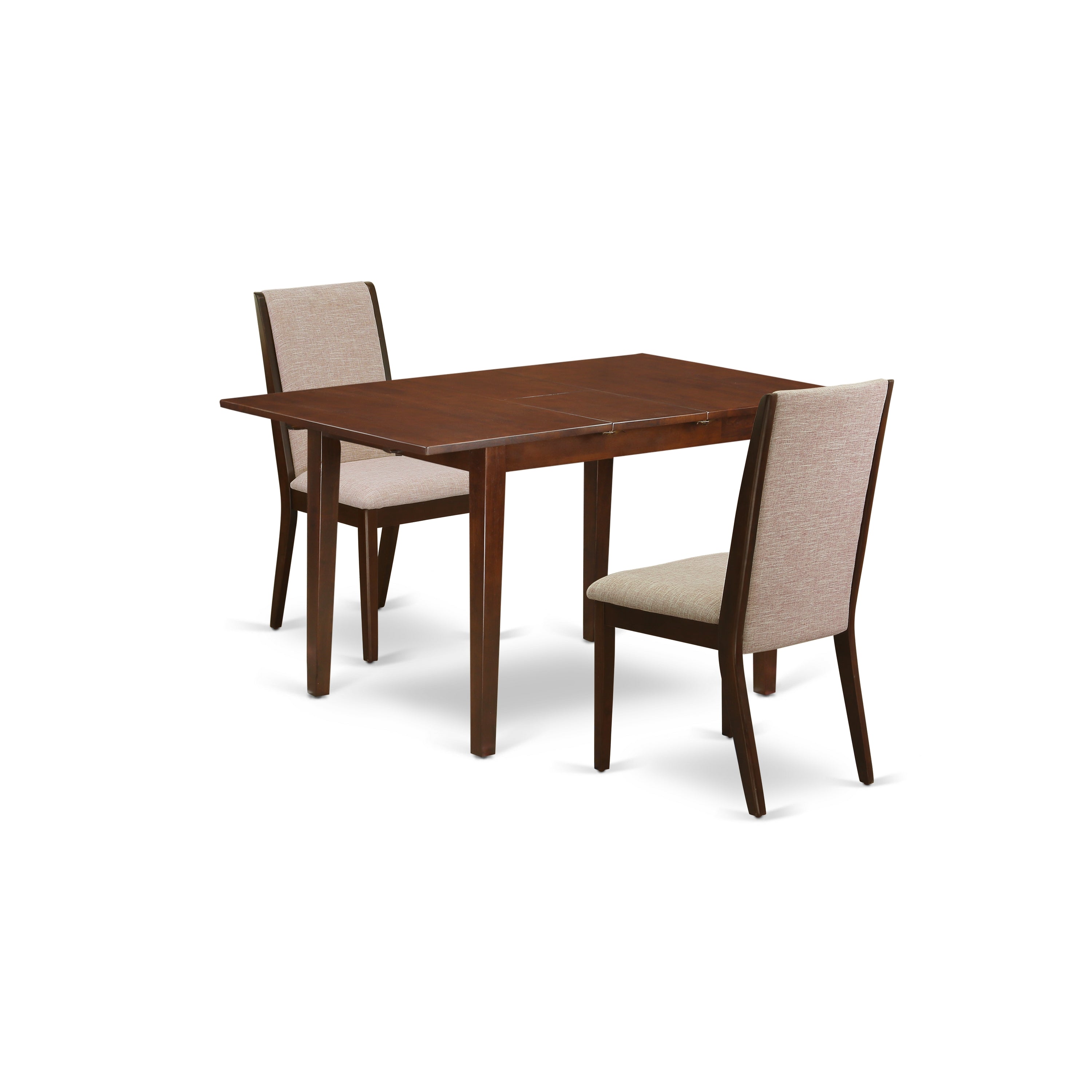 East West Furniture NFLA3-MAH-04 3-Piece Dining Set Included a Rectangular Butterfly Leaf Dining Room Table & 2 Parsons Dining Chairs, Light Tan Linen Fabric Kitchen Chairs Seat with Rubber Wood Legs, Mahogany Finish