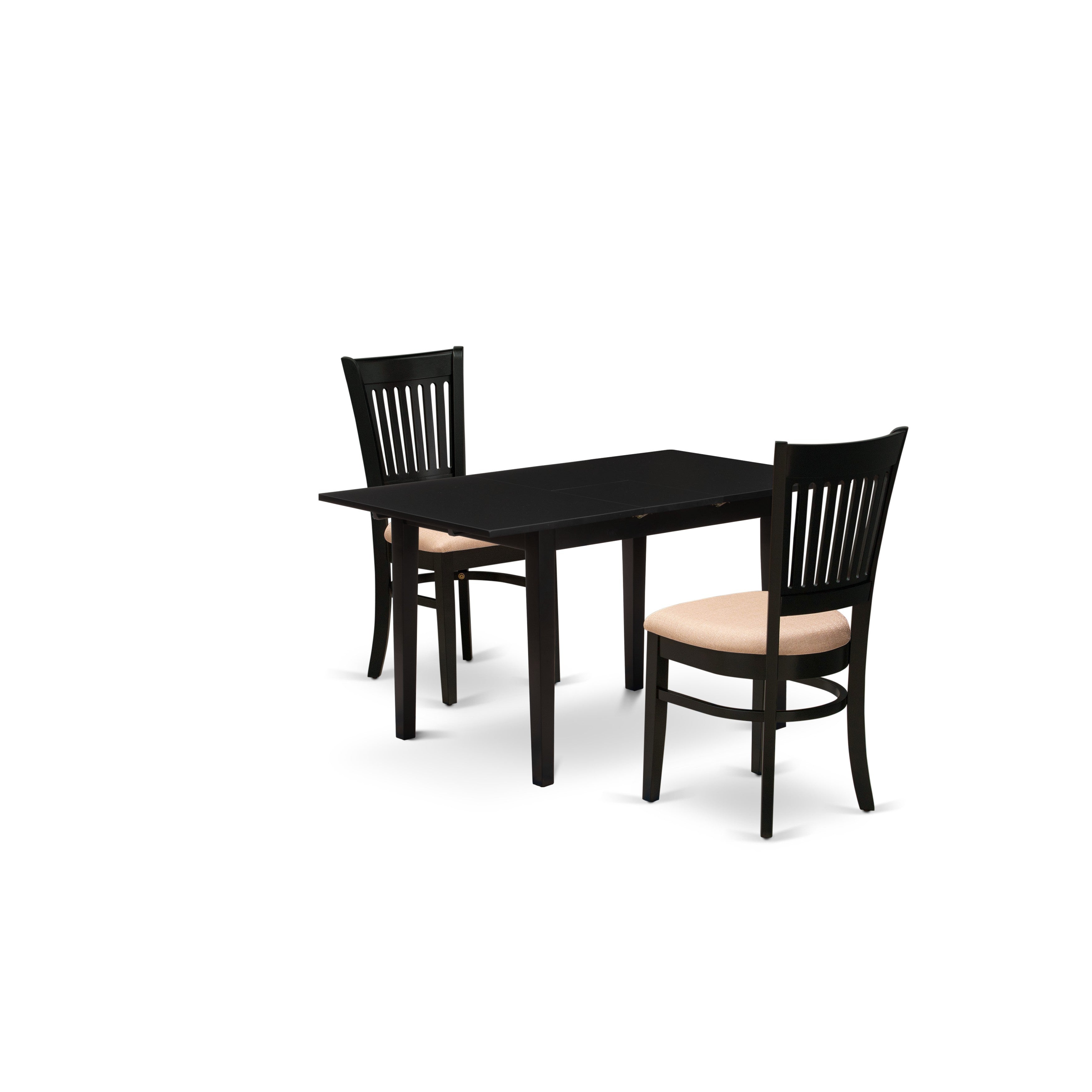 Juego de comedor de 3 piezas NFVA3-BLK-C de East West Furniture. Incluye una mesa de comedor rectangular con hojas de mariposa y 2 sillas tapizadas en tela de lino.