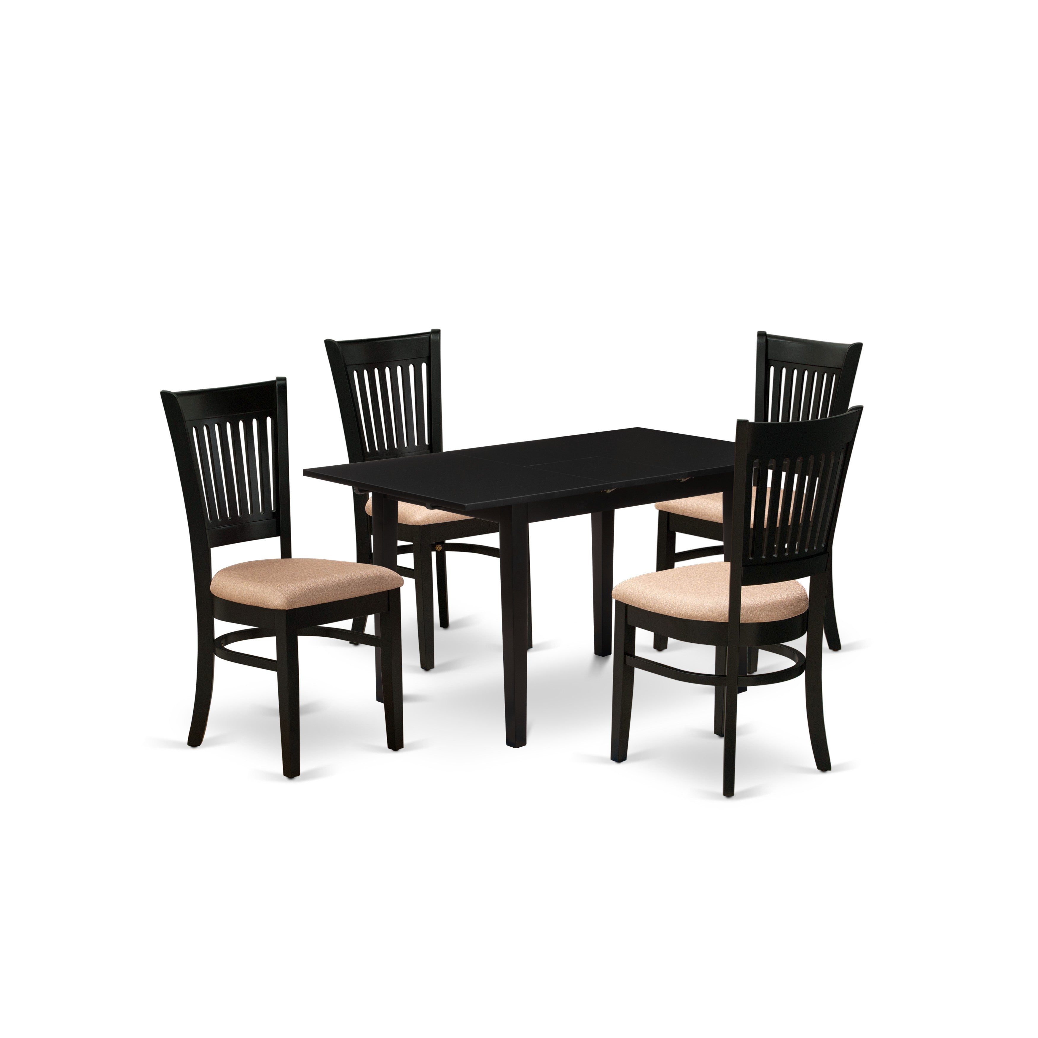 East West Furniture NFVA5-BLK-C 5-Pc Modern Dinette Set 4 Dining Chairs with Slatted Back and a Linen Fabric Seat and Butterfly Leaf Wood Dining Table with Rectangular Top and 4 Legs- Black Finish