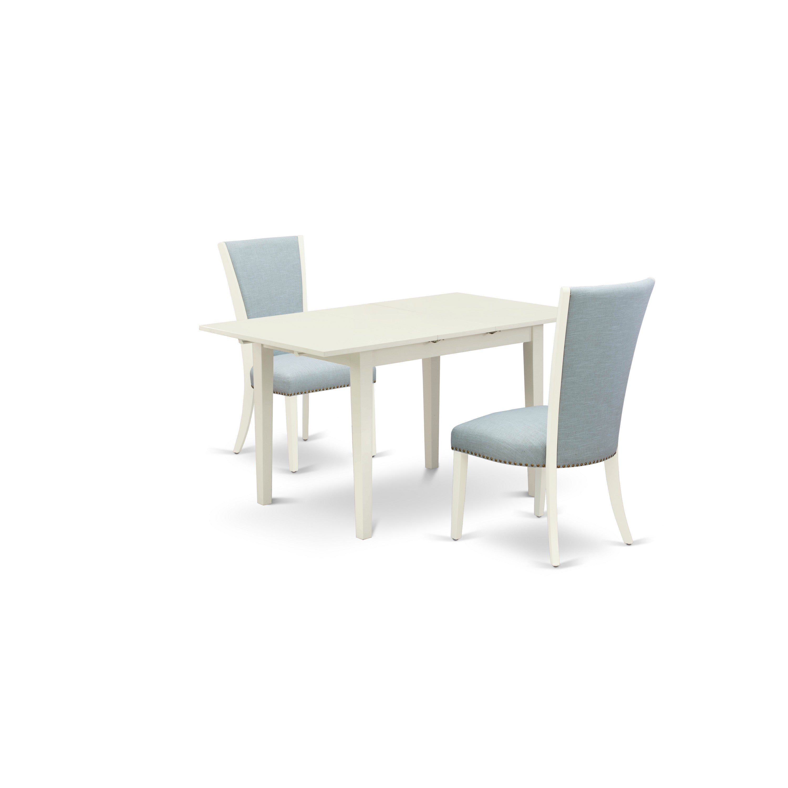 EAST WEST FURNITURE - NFVE3-LWH-15 - 3 Pc Kitchen Table Set - 2 Baby Blue Linen Fabric Dining Chairs with High Back and 1 Removable leaf Rectangular Dining Table - linen white Finish