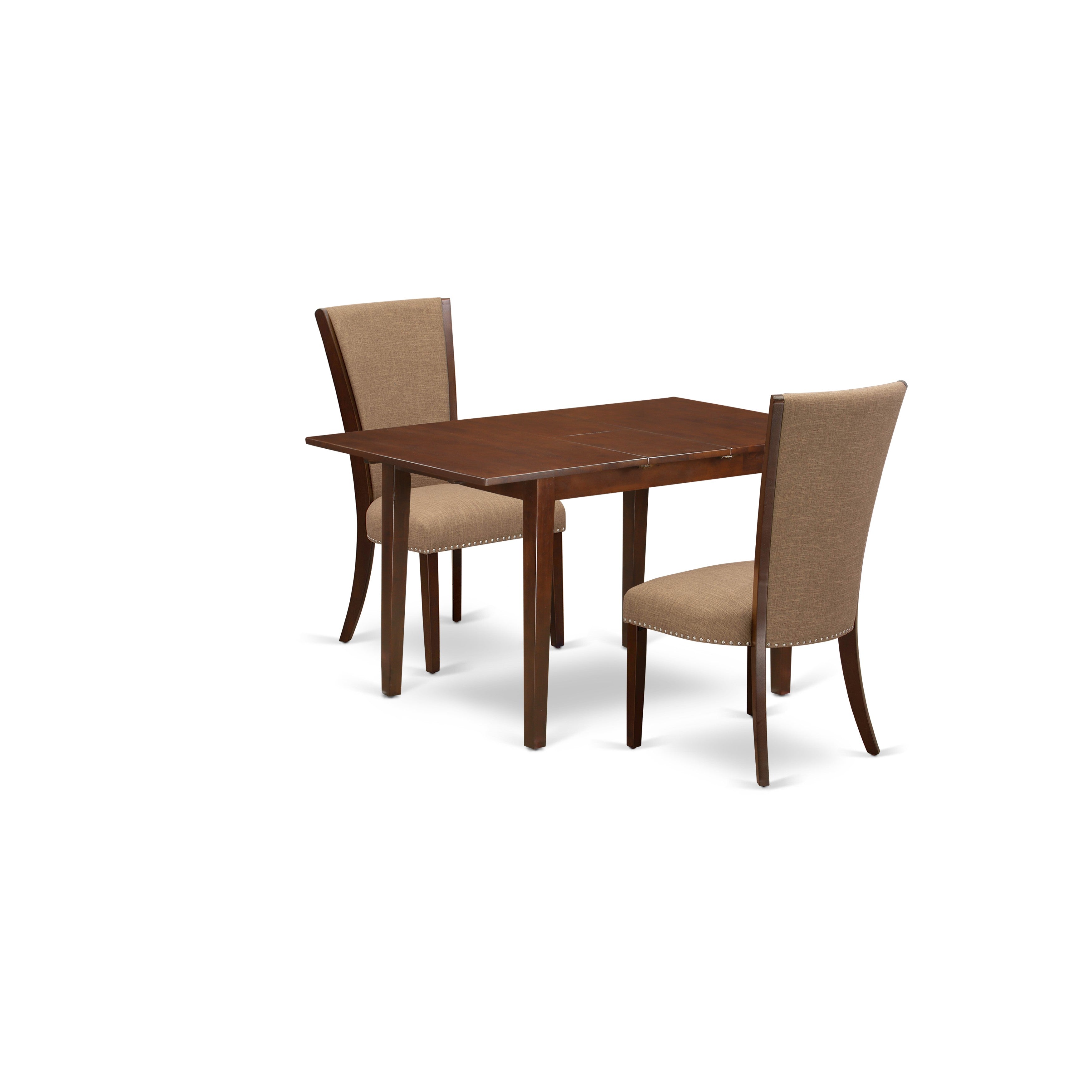 EAST WEST FURNITURE - NFVE3-MAH-47 - 3 Pc Dining Room Set - 2 Light Sable Linen Fabric Dining Room Chairs with High Back and 1 Removable leaf Rectangular Dining Table - Mahogany Finish