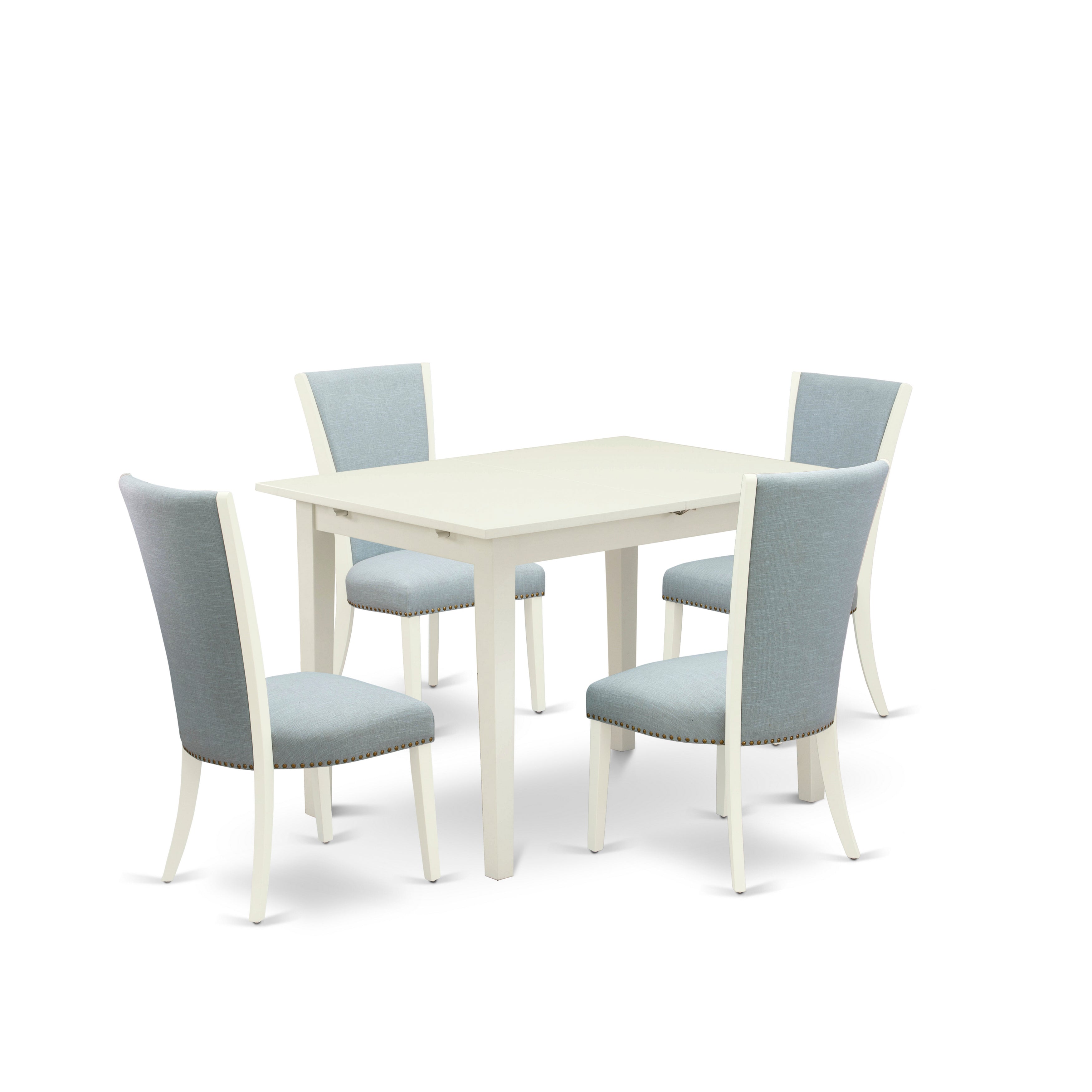 East-West Furniture NFVE5-WHI-15 - A wooden dining table set of 4 amazing parson dining chairs with Linen Fabric Baby Blue color and a wonderful wood kitchen table with Linen White color