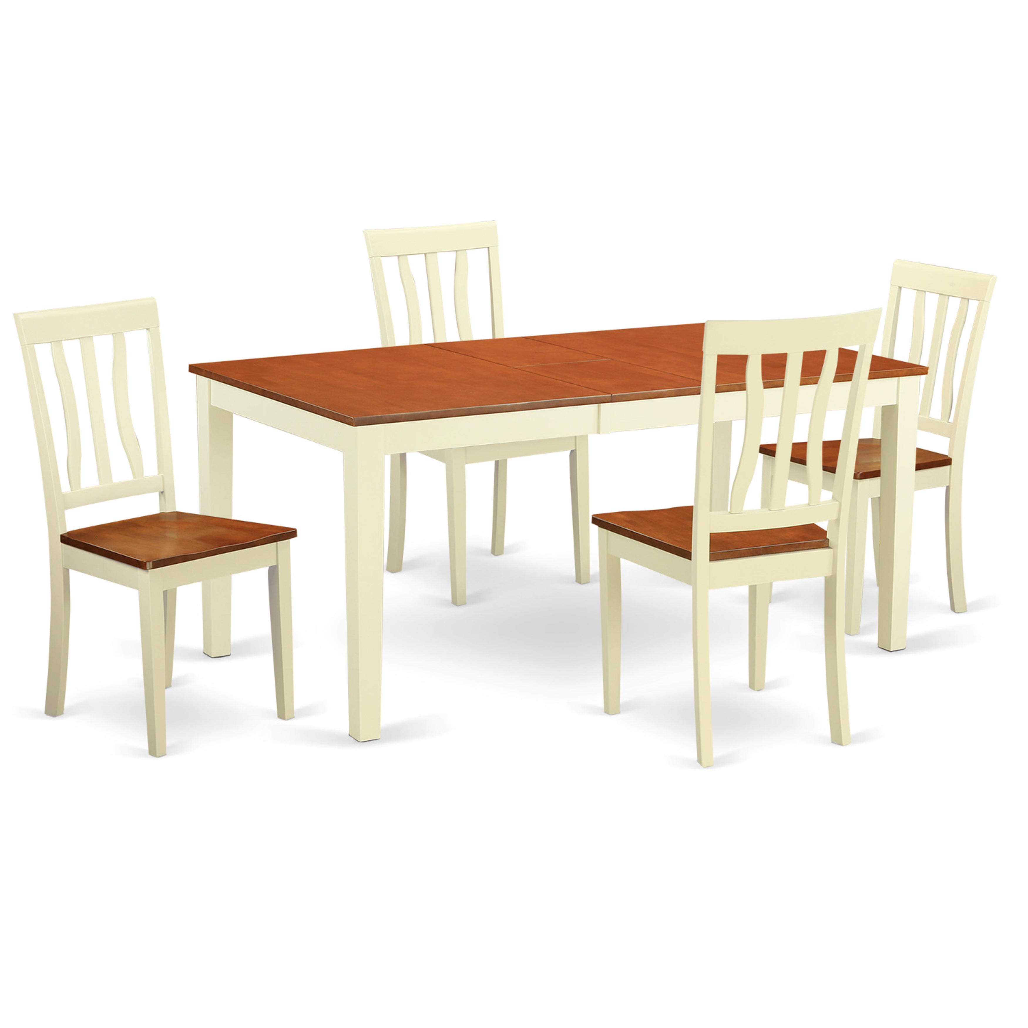 El juego de comedor de 5 piezas East West Furniture NIAN5-WHI-W incluye una mesa de comedor rectangular con hojas de mariposa y 4 sillas de cocina.