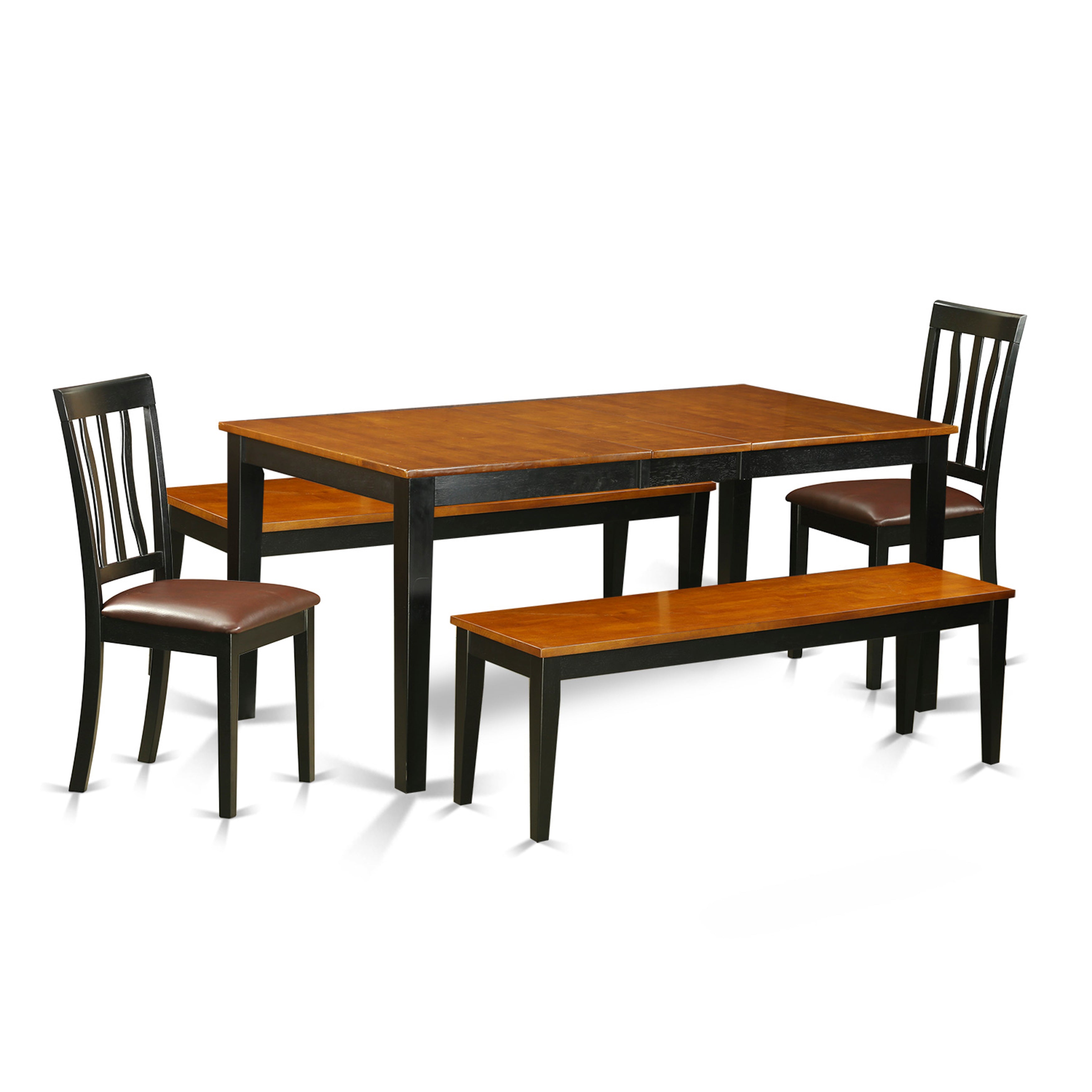 Juego de comedor de 5 piezas East West Furniture NIAN5N-BCH-LC. Incluye una mesa de cocina rectangular con diseño de hojas de mariposa y 2 sillas de comedor de piel sintética con 2 bancos.