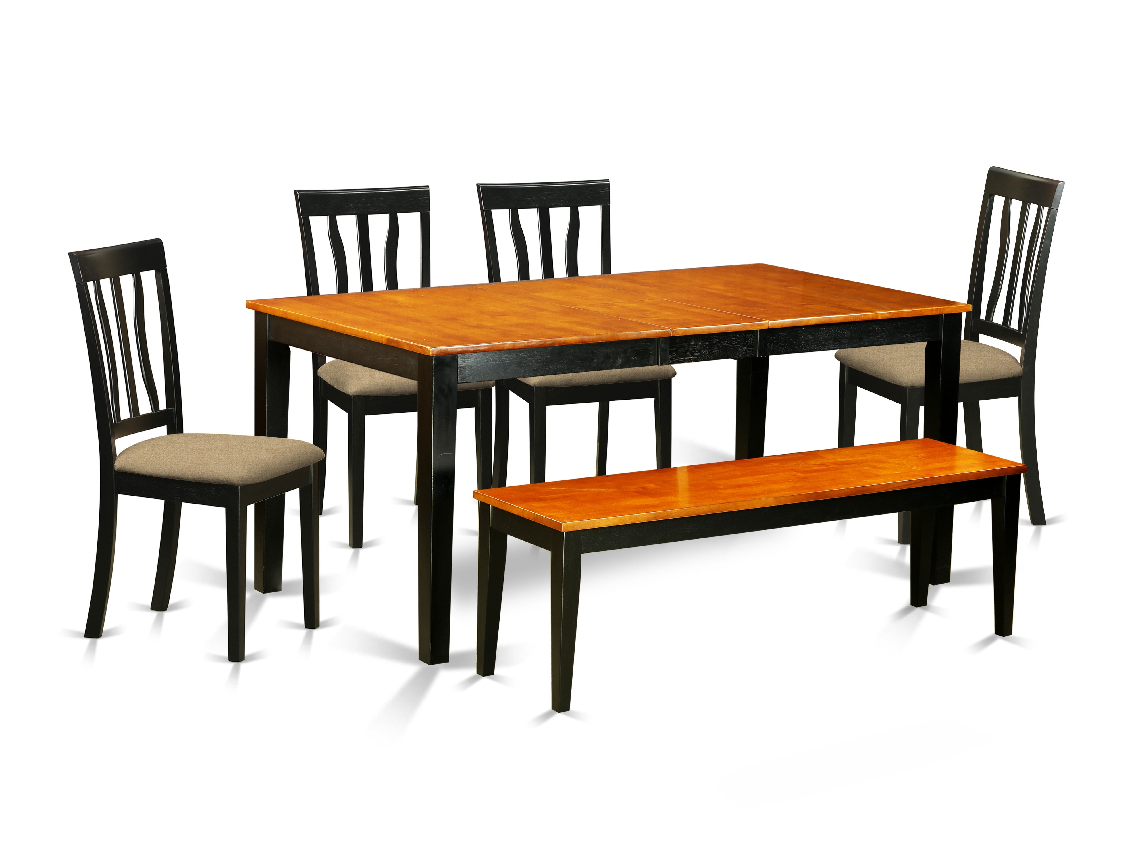 Juego de comedor de 6 piezas East West Furniture NIAN6-BCH-C. Contiene una mesa de cocina rectangular con hojas de mariposa y 4 sillas de comedor de tela de lino con un banco.