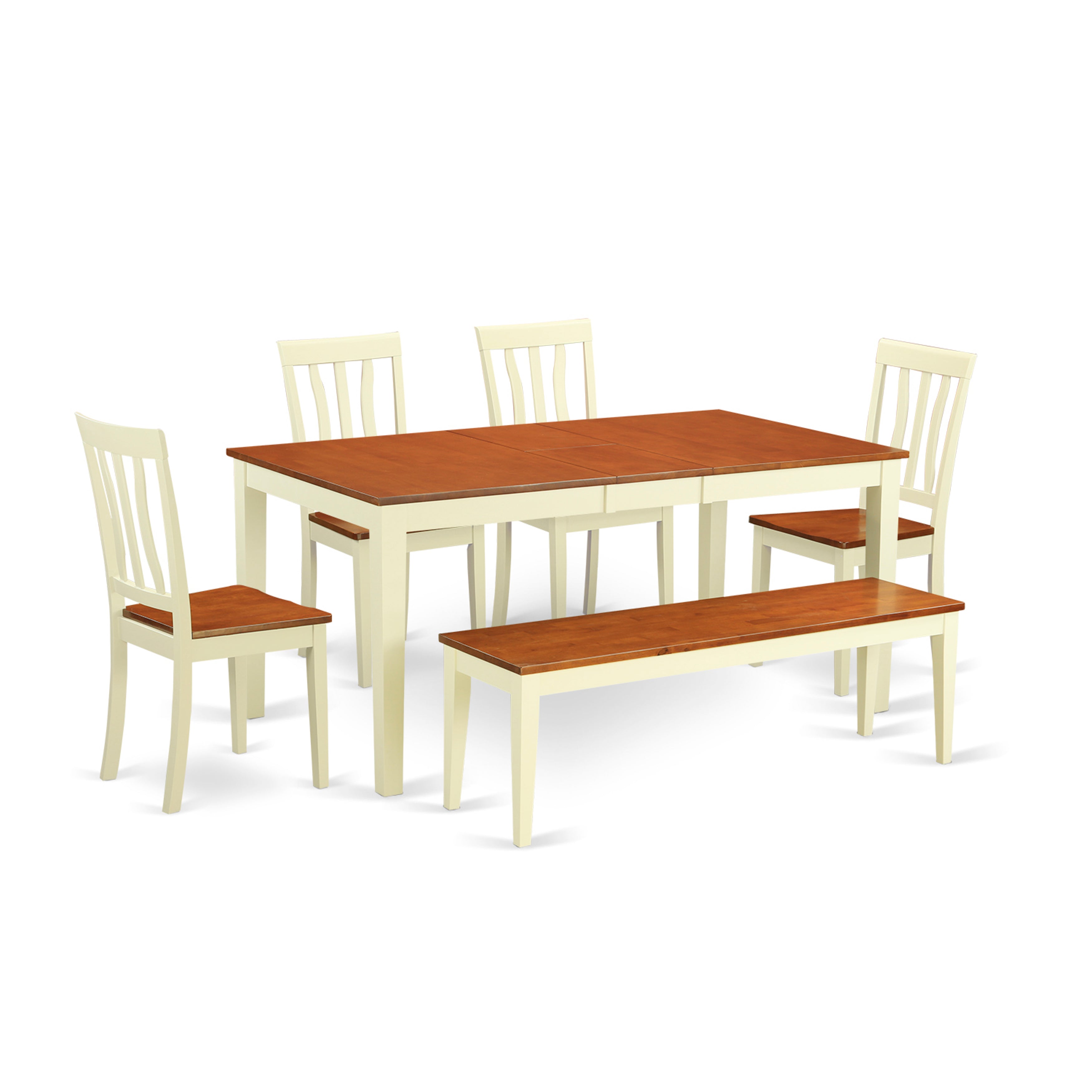 Juego de mesa y sillas de cocina de 6 piezas NIAN6-WHI-W de East West Furniture. Contiene una mesa de comedor rectangular con hojas de mariposa y 4 sillas de comedor con un banco.