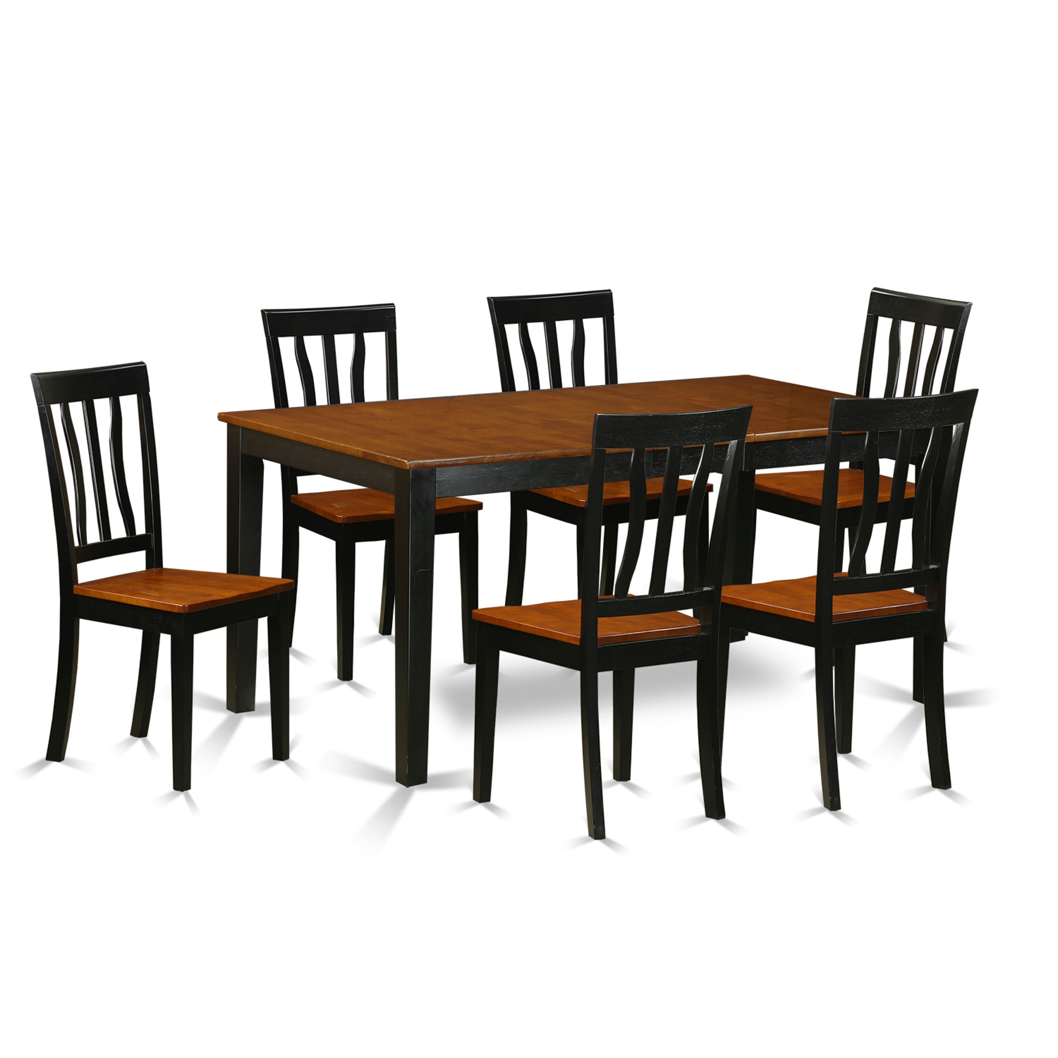 Juego de comedor East West Furniture NIAN7-BCH-W de 7 piezas compuesto por una mesa de comedor rectangular con hojas de mariposa y 6 sillas con asiento de madera.