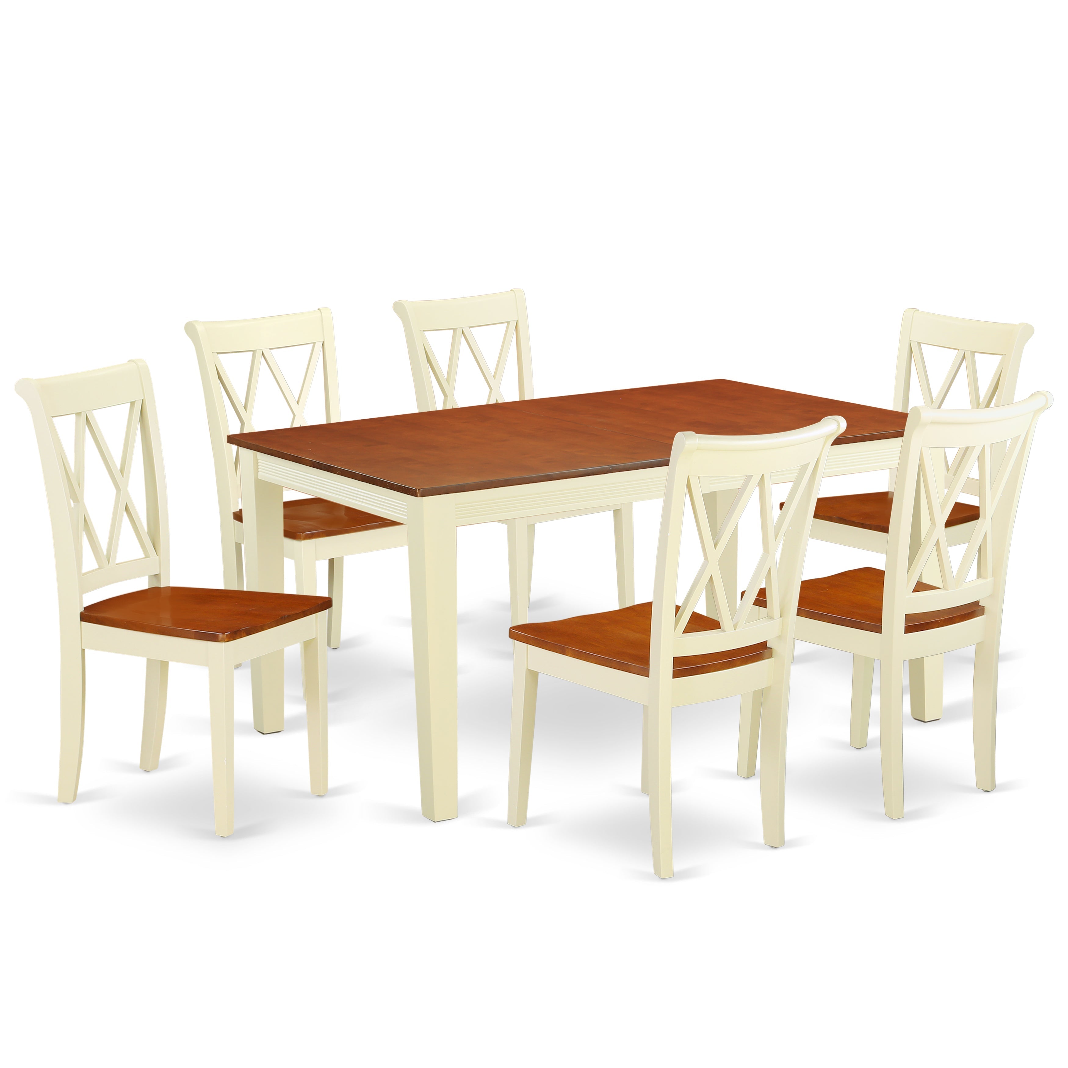 Juego de mesa de comedor de 7 piezas East West Furniture NICL7-BMK-W compuesto por una mesa de comedor rectangular con hojas de mariposa y 6 sillas de comedor.